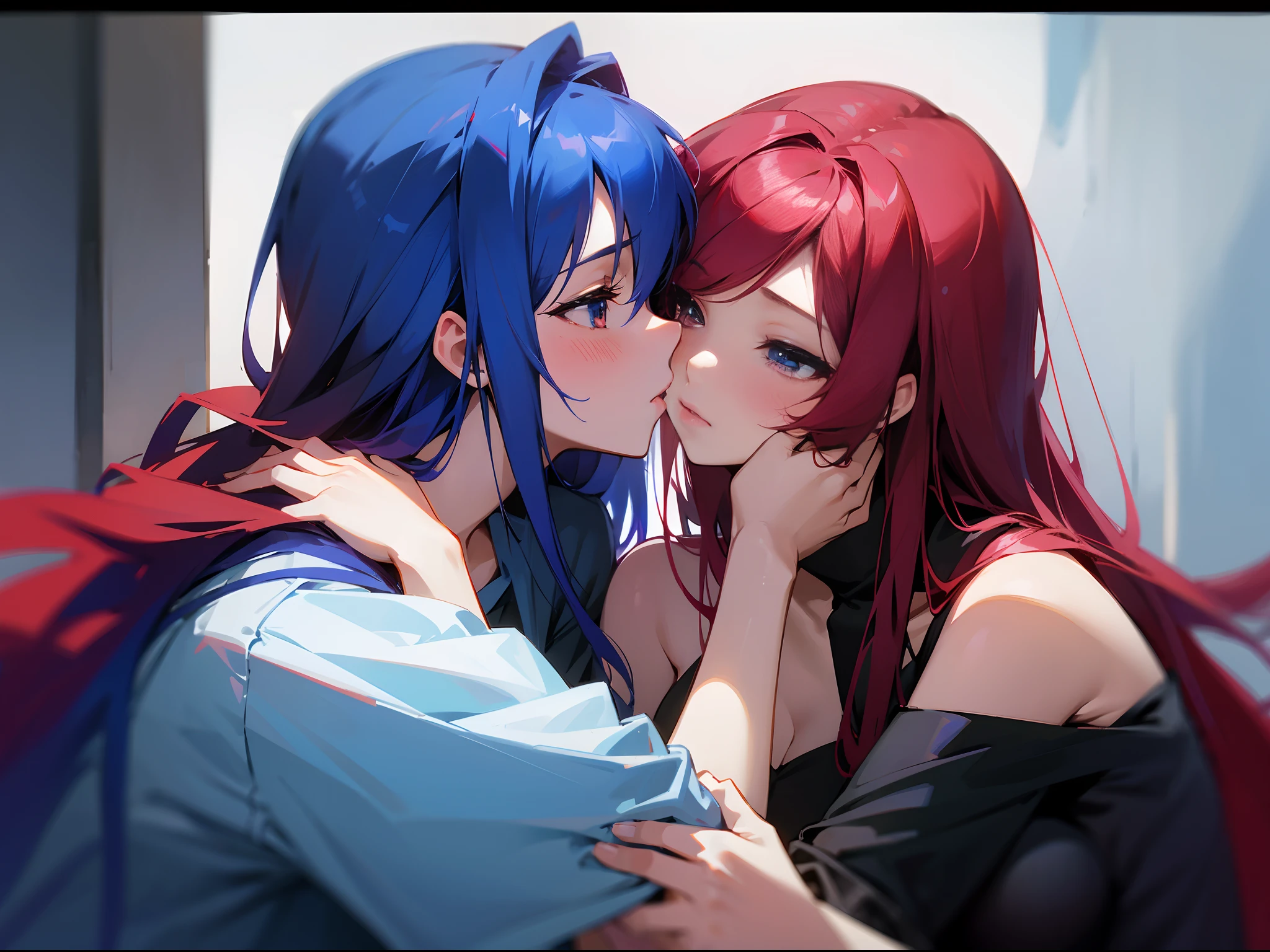 [Anime 1.5], [Yuri 1.5], [Kissing 1.5], Anime girls kissing, crimson hair and blue hair, yuri girls