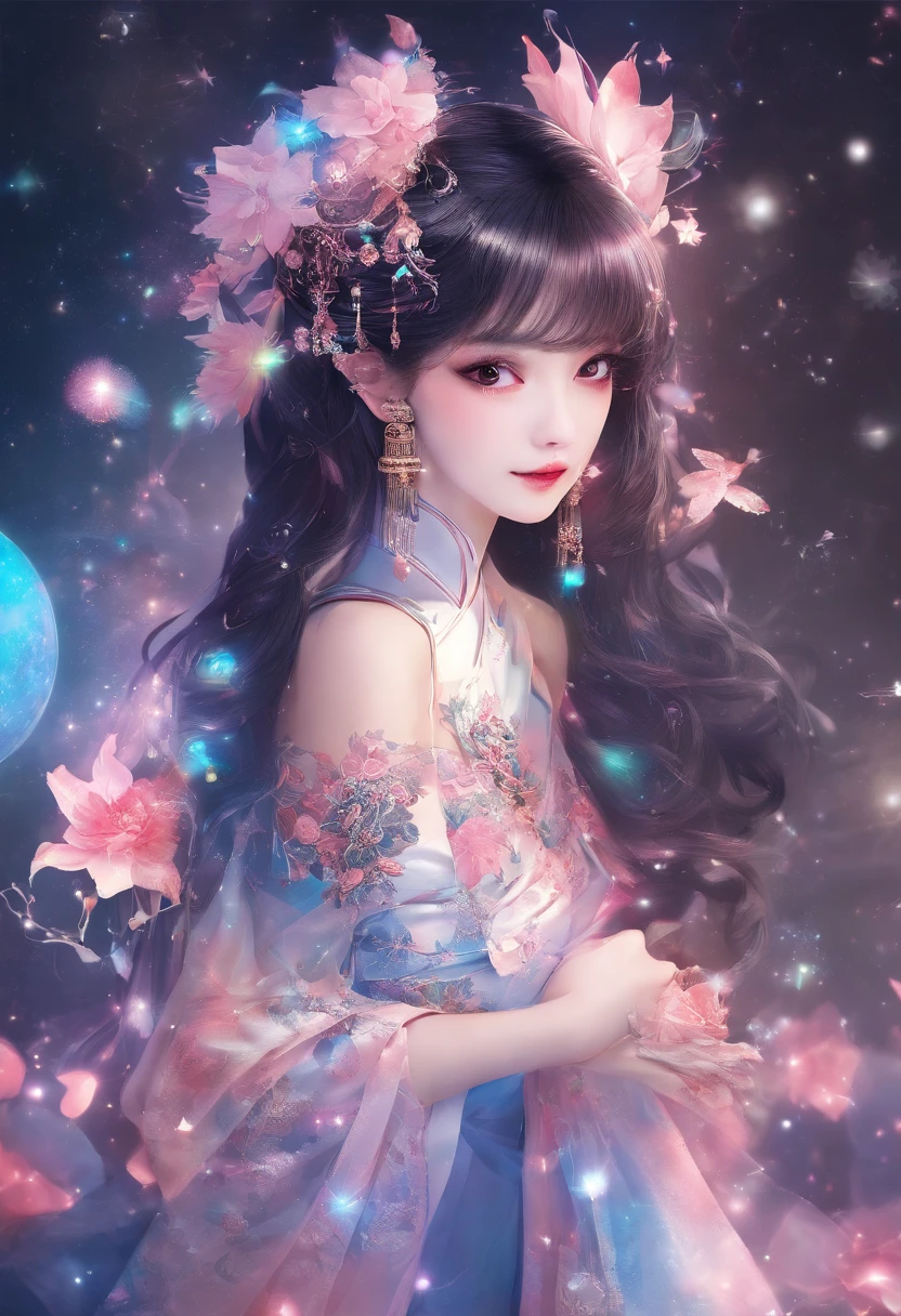 (From the outside) , many color,Best quality at best,8K,real photograph,Delicate skin details,tmasterpiece,photograph of-realistic,Complicated details,RAW photogr,on the garden,ssmile,florals,Gorgeous cheongsam,Extra-long hair,cropped shoulders,delicated face,Expose cleavage,decorations,Perfect Finger,Dissection is correct,shiny skins