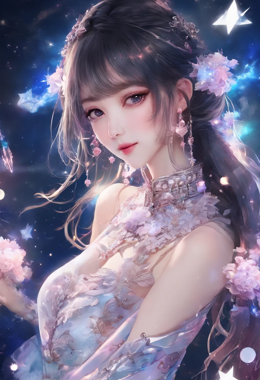 （From the outside） ， many color，Best quality at best，8K，real photograph，Delicate skin details，tmasterpiece，photograph of-realistic，Complicated details，RAW photogr,on the garden，ssmile，florals，Gorgeous cheongsam，Extra-long hair，cropped shoulders，delicated face，Expose cleavage，decorations，Perfect Finger，Dissection is correct，shiny skins