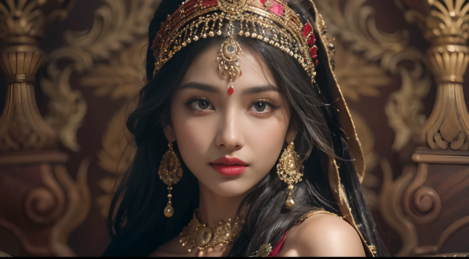 a woman draped in a sari poses for a picture, exuding the timeless charm of an Indian goddess. Her beauty is steeped in tradition, reflecting the allure of Indian culture. She embodies the essence of a stunning Indian supermodel, standing as a beautiful maiden and a symbol of traditional beauty.
In this mesmerizing image, her attire is a masterpiece of intricate details, reflecting the richness of Hindu aesthetics. She represents the gorgeous women of South East Asia, her beauty radiating an aura of grace and elegance. A plump chest,Full Tits,Bigchest,Extra large breasts,Realisticstyle,Deep cleavage,perfect bodies,largeeyes
Every element in this scene is meticulously detailed, from her captivating outfit to her jaw-dropping beauty. This image celebrates the cultural heritage and the enchanting allure of a woman who stands as an embodiment of traditional beauty and grace. ornate cosplay, big boobs deep cleavage sexy navel