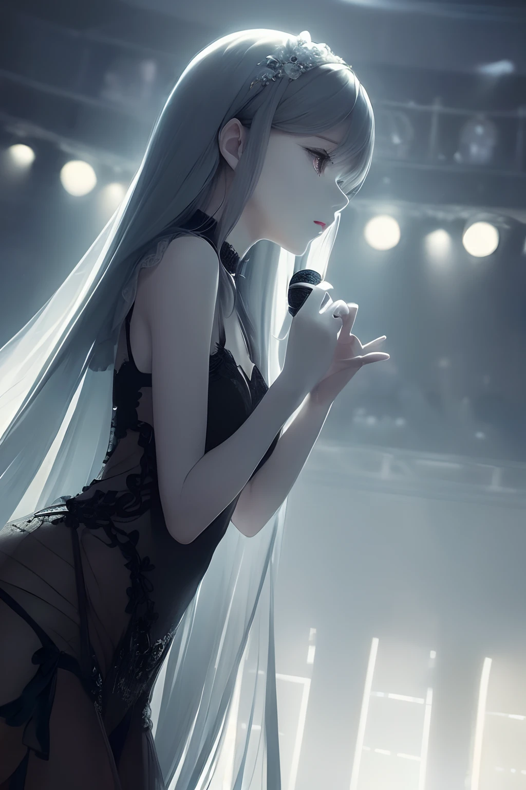 (a very delicate and beautiful)、a very delicate and beautiful、(silhuette)、singers、length hair、Stage Background、Black figure、dark backgrounds、skinny body、scary atmosphere、