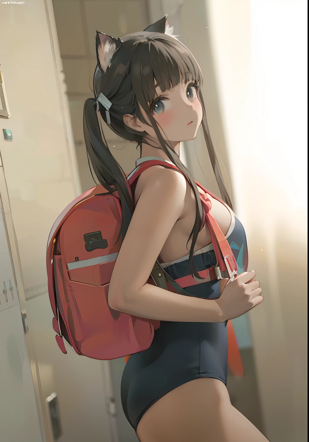 Close-up of a woman in a swimsuit carrying a backpack, Surrealism female students, Surrealism female students, Ayaka cosplay, Anime girl in real life, Realistic schoolgirl, with a backpack, Anime girl cosplay, seductive anime girls, cyber school girl, Korean girl, Beautiful Anime High School Girls, attractive anime girls, Realistic young gravure idol,There are cat ears on the head,Cat ears