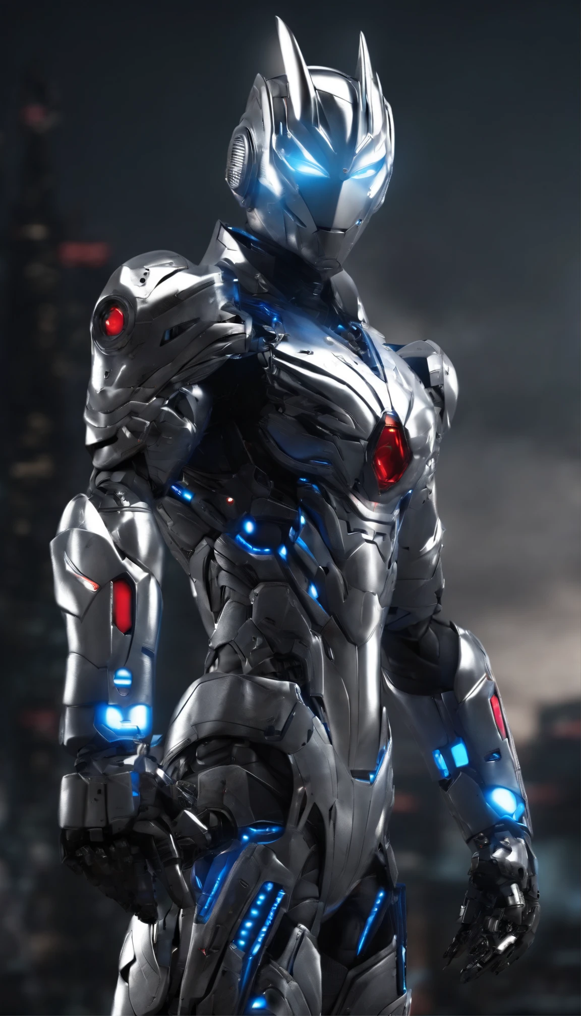 (Masterpiece, Superb Quality, Super Delicate, High Resolution), Male Focus, (((New Ultraman))), ((No Muscles))), (His head is tapered, his body is made of silver, color blue and silver, his arms are streamlined, he looks tall and thin, the overall shape is streamlined and modern), (fisting), posing for photos, high angle, dark night, city ruins, background details, (((whole body))), from above, (((sense of greatness)))