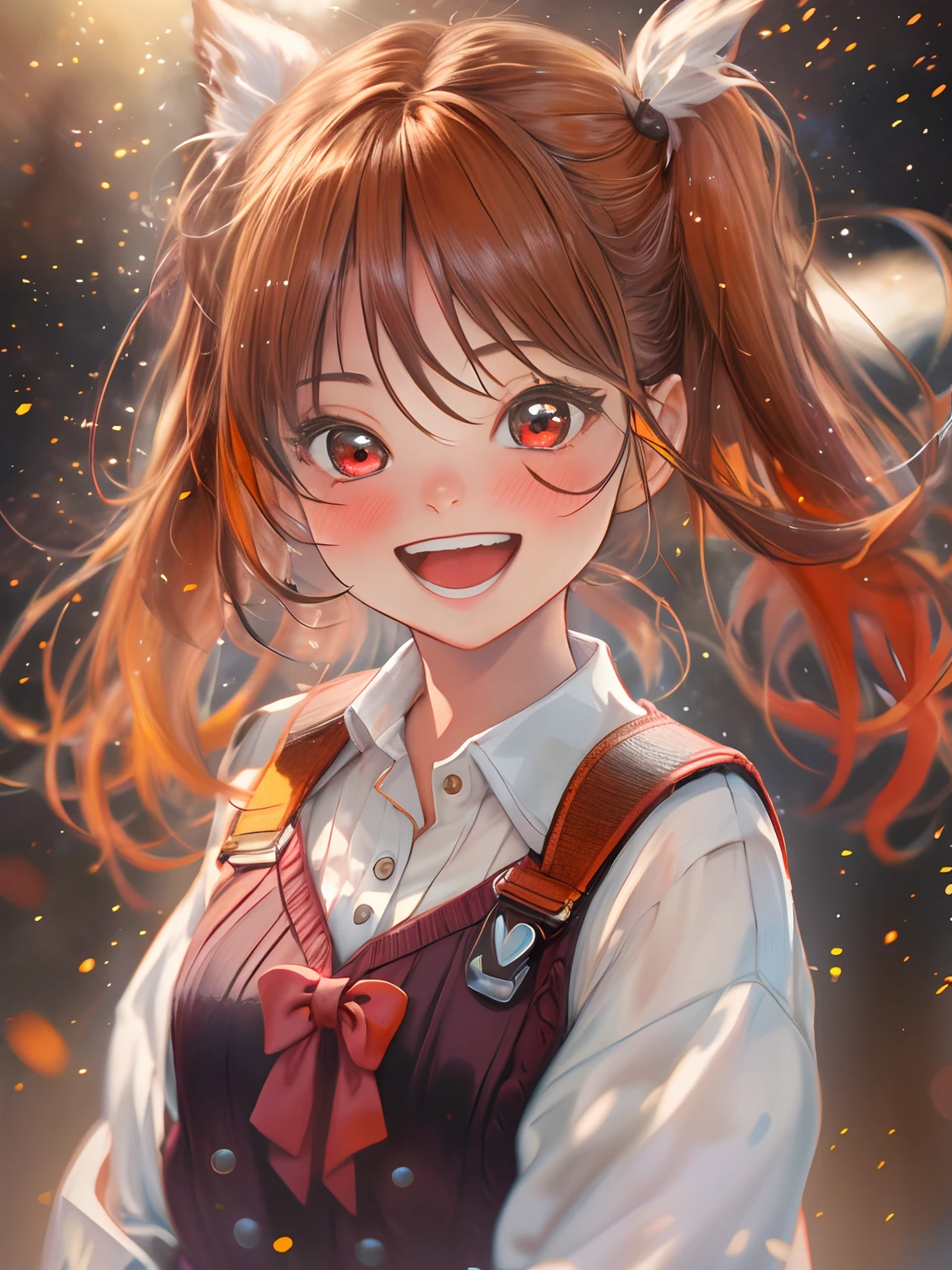 girl, solo piece, white shirt, red skirt, knee socks, twin tails, oil painting, detailed background, high resolution, vivid colors, warm lighting,A girl in a comfortable sweater, Upper body, (Laughing:1.1), (Open mouth:1.1), (Eyes widened:1.2), Strong lighting, Blurred background, Depth of field, Bokeh, Light particles, strong winds, (Heart particles:1.1), (Best quality,4K,8K,A high resolution,Masterpiece:1.2), Ultra-detailed, (Realistic,Photorealistic,photo-realistic:1.37), sportrait