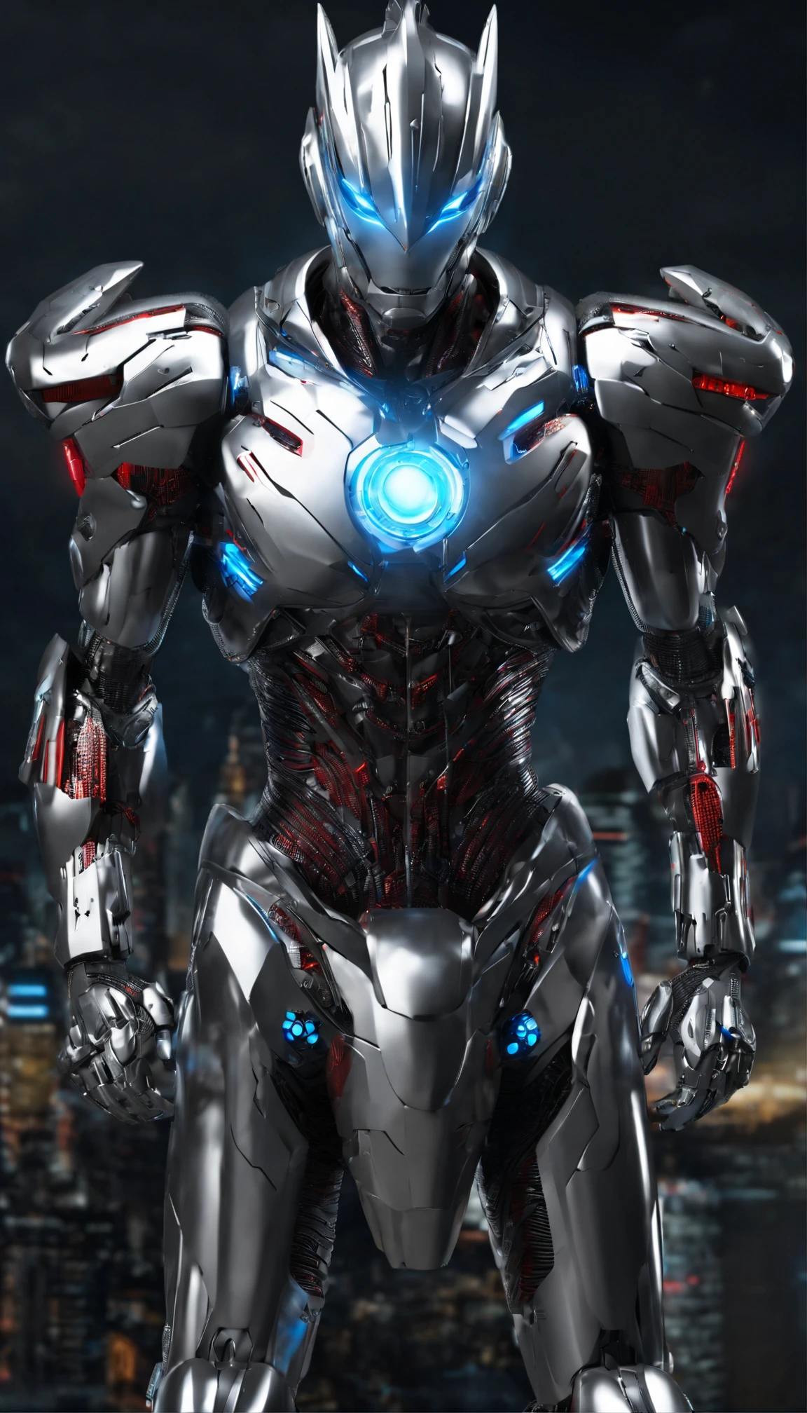 (Masterpiece, Superb Quality, Super Delicate, High Resolution), Male Focus, (((New Ultraman))), ((No Muscles))), (His head is tapered, his body is made of silver, color blue and silver, his arms are streamlined, he looks tall and thin, the overall shape is streamlined and modern), (fisting), posing for photos, high angle, dark night, city ruins, background details, (((whole body))), from above, (((sense of greatness)))