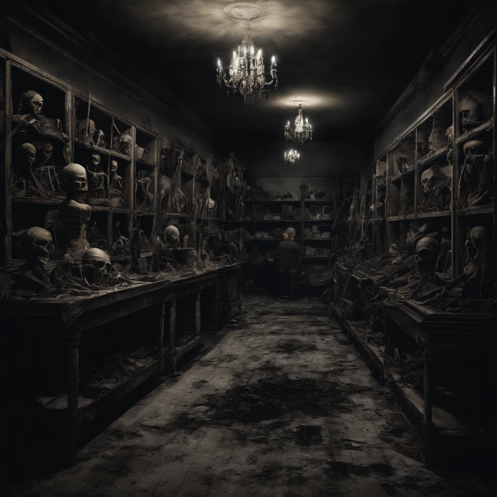 (Best quality, 4K, A high resolution, Masterpiece:1.2), (((Bloody parts big store interior)))The shelves are full of horror, blood vessel, sci-fy ,(crowed:1.2),[Creepy mannequins], [Horrible amputation], [Bloody tools], [Rotting organs], [Terrible surgical instruments], [Disturbing dissection table], [Eerily dim lighting], [Sinister atmosphere][Creepy sculpture], [Disturbing mural], [Horror movie props], [Creepy doll head], [Haunting reflection], [Creepy shadows], [Morbid curiosity], [Creepy glass jars], [Ominous background music], [Creepy costumes], [Distorted mirror], [Menacing mannequin eyes], [Spooky abandoned aisles], [Bloody floor], [Haunted whispers], [Psychotic salesman], [Creepy window display], [Scary realistic mannequin limbs], [The screams echoed in the distance], [sinister expressions], [Strange mannequin face], [Grinding chains], [eerie fog], [The Mad Scientist Lab resonates], [Bloodstained price tag], [creepy atmosphera]