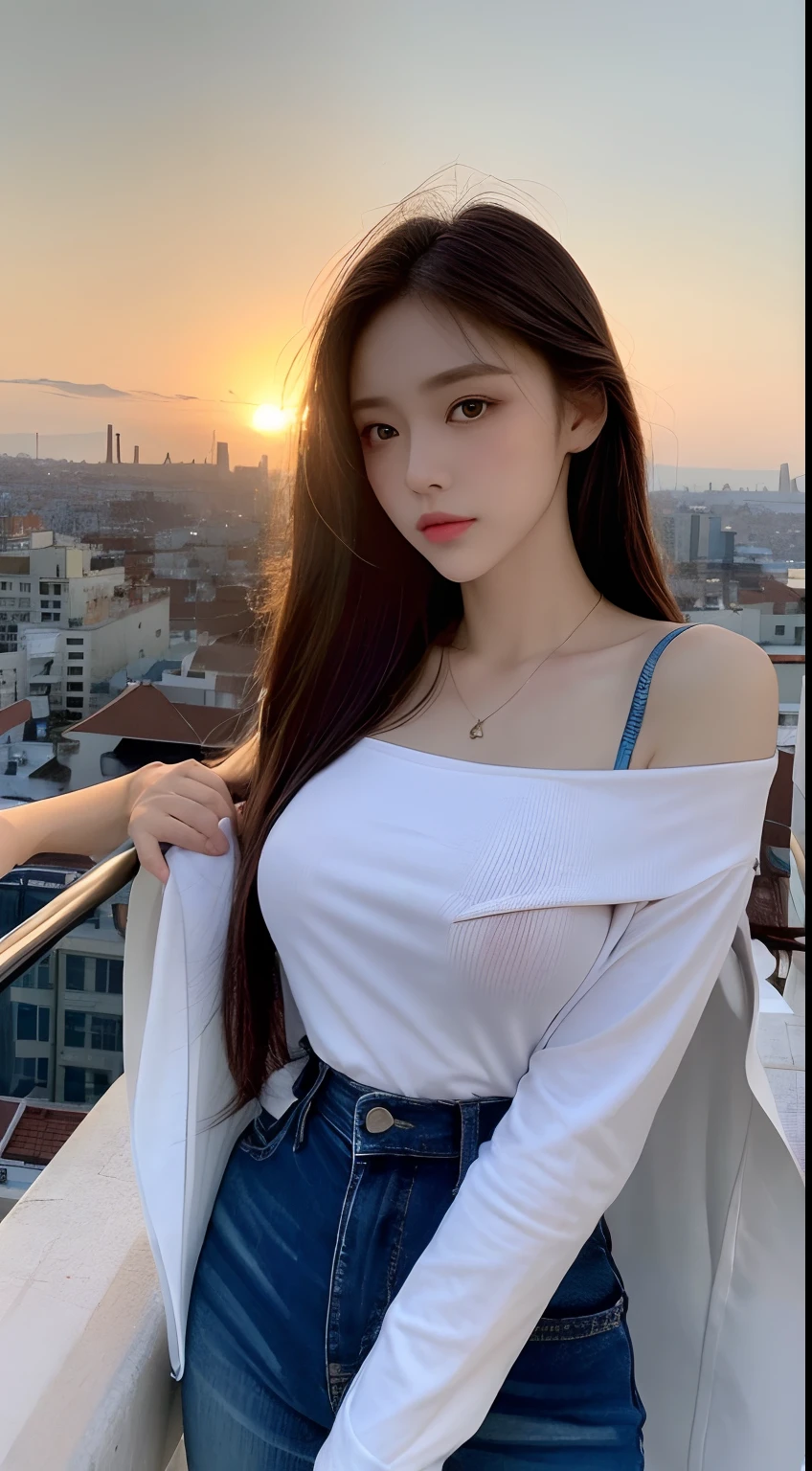 ((Midnight, Best quality, 8k, Masterpiece :1.3)), Whole body, Long legs, Sharp focus :1.2, A pretty woman with perfect figure :1.4, Slender abs :1.1, ((Dark brown hair, Big breasts :1.2)), (White tight tshirt, Jean bib, Standing:1.2), ((Night city view, Rooftop:1.3)), Highly detailed face and skin texture, Detailed eyes, Double eyelid, sunset, darken, backlit, off shoulder