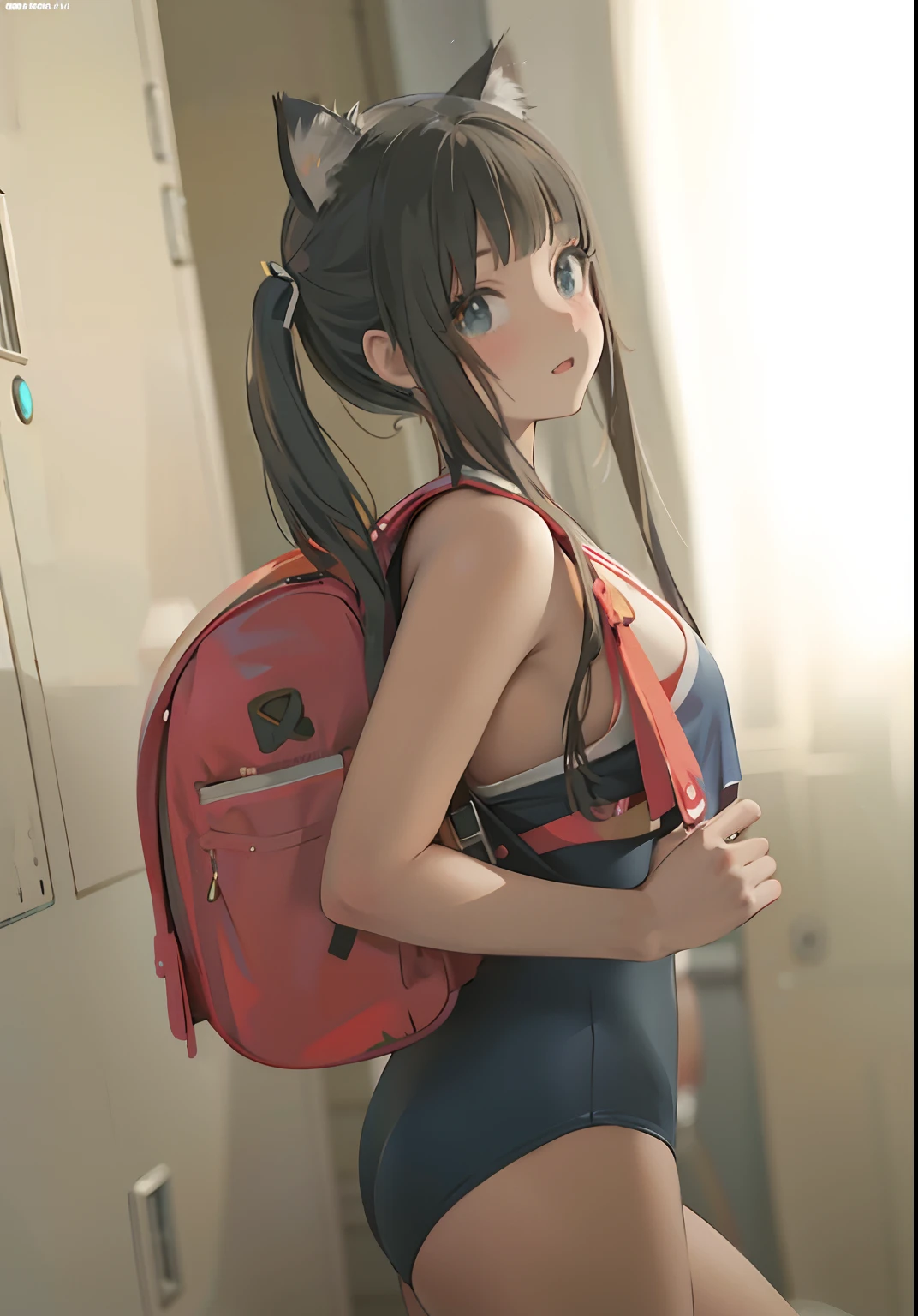Close-up of a woman in a swimsuit carrying a backpack, Surrealism female students, Surrealism female students, Ayaka cosplay, Anime girl in real life, Realistic schoolgirl, with a backpack, Anime girl cosplay, seductive anime girls, cyber school girl, Korean girl, Beautiful Anime High School Girls, attractive anime girls, Realistic young gravure idol，There are cat ears on the head，Cat ears