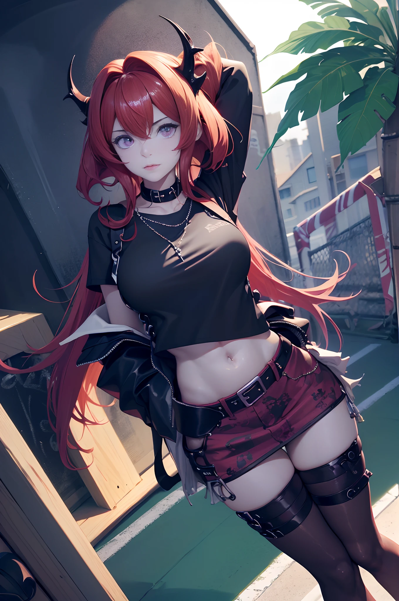 A woman with long red hair tied into a high ponytail with two medium-sized horns protruding from each side of her head. Soft pastel glowing eyes with thin eyebrows. Pronounced breasts and buttocks. Wears a choker around her neck, a black bra, a jacket worn half off her shoulders, a short skirt, thigh-high stockings with a garter belt, and black high heels.