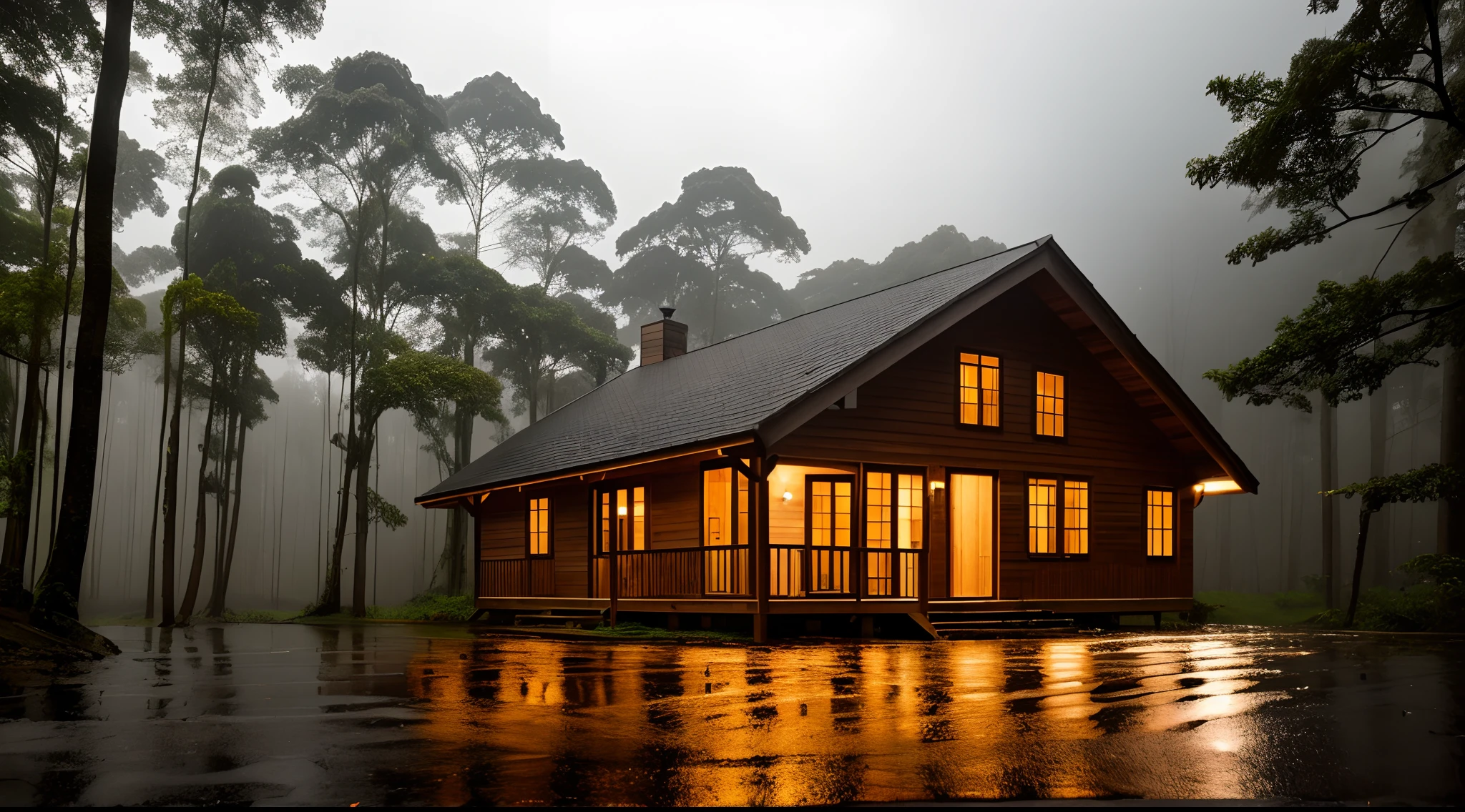a wooden house in the woods at night on a rainy day, clouded skies, tempo chuvoso, neblina forte, foto realista, wet floor