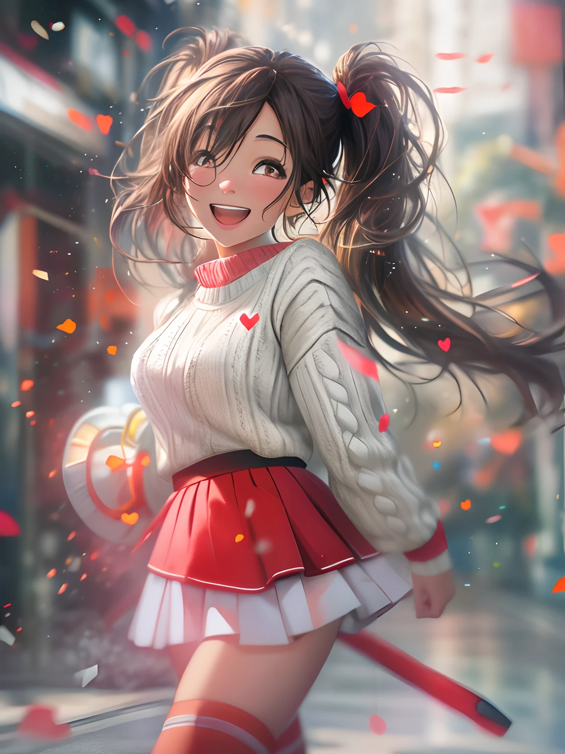 girl, solo piece, white shirt, red skirt, knee socks, twin tails, oil painting, detailed background, high resolution, vivid colors, warm lighting,A girl in a comfortable sweater, Upper body, (Laughing:1.1), (Open mouth:1.1), (Eyes widened:1.2), Strong lighting, Blurred background, Depth of field, Bokeh, Light particles, strong winds, (Heart particles:1.1), (Best quality,4K,8K,A high resolution,Masterpiece:1.2), Ultra-detailed, (Realistic,Photorealistic,photo-realistic:1.37), sportrait