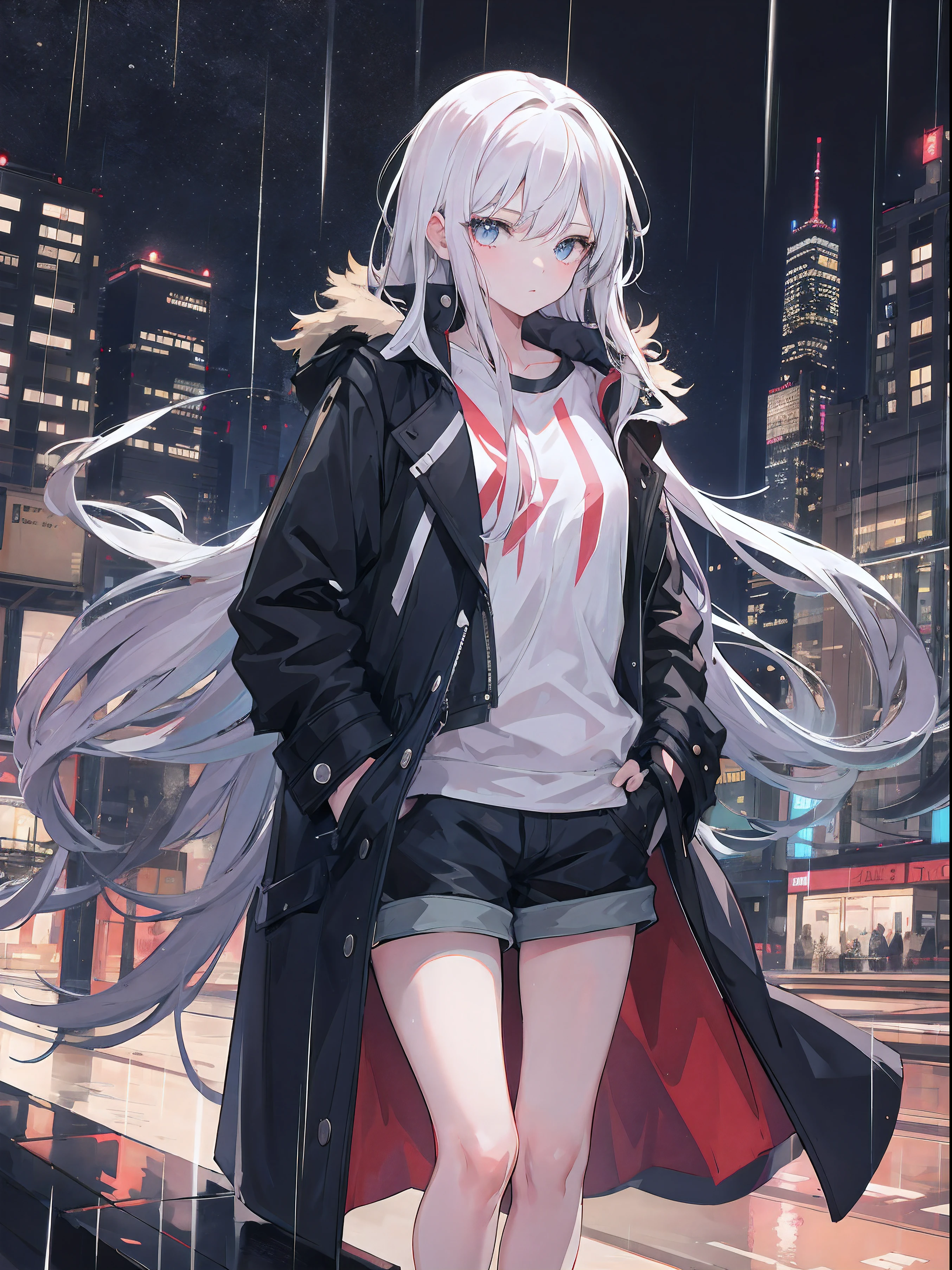 1girl,night city,rain,long hair,coat,shorts,hands in pockets