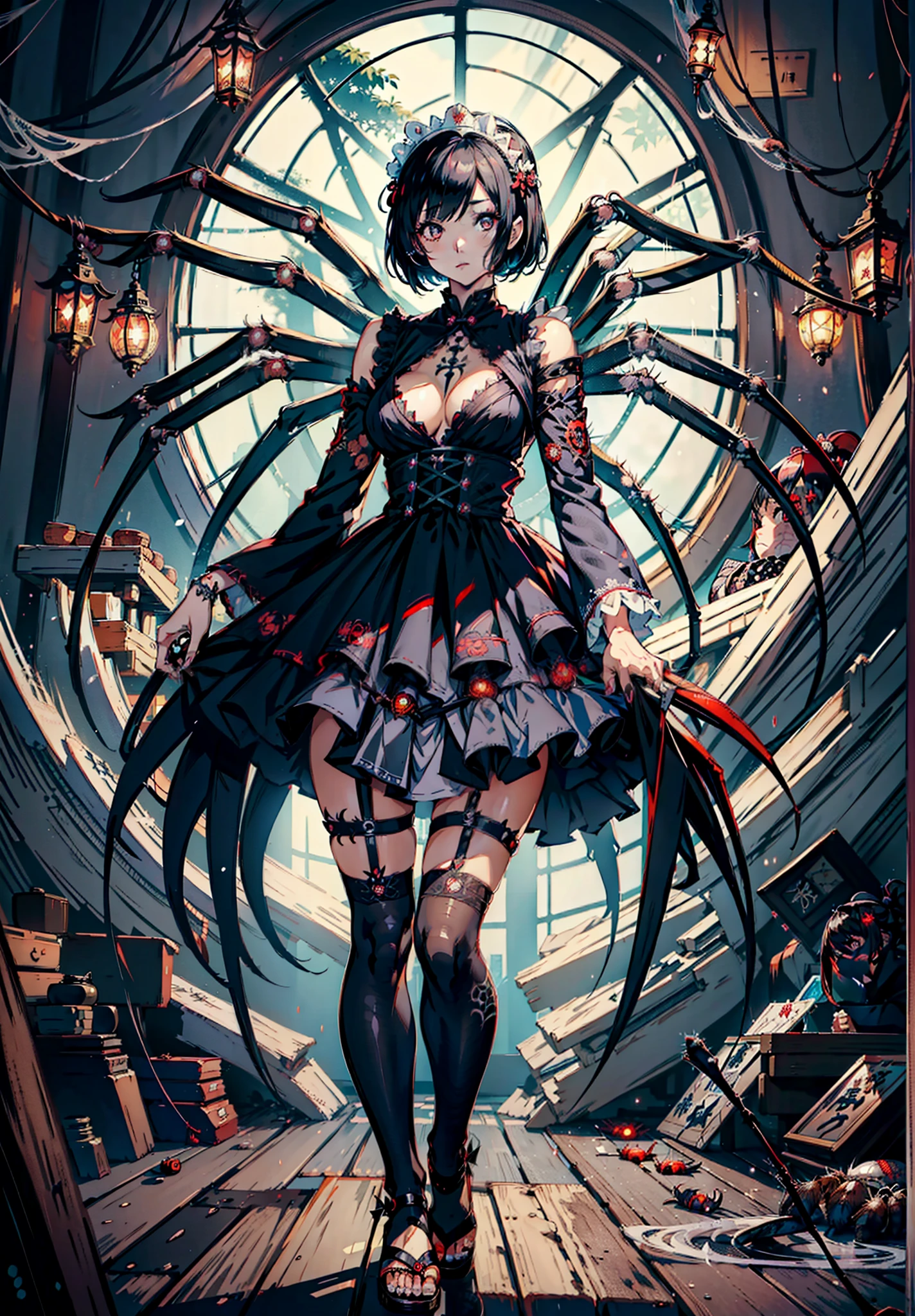 Beautiful girl fused with a spider. Girl in Japanese style maid costume. ((Female Solo. 1.1)) . hiquality. Dark fantasy style illustration. she has short hair. ratex. Shining eyes. Spider legs extending from behind her. tarantula. Embroidery with a spider web pattern. Spider web tattoo. monstergirl. Dark indoor. Wooden house.