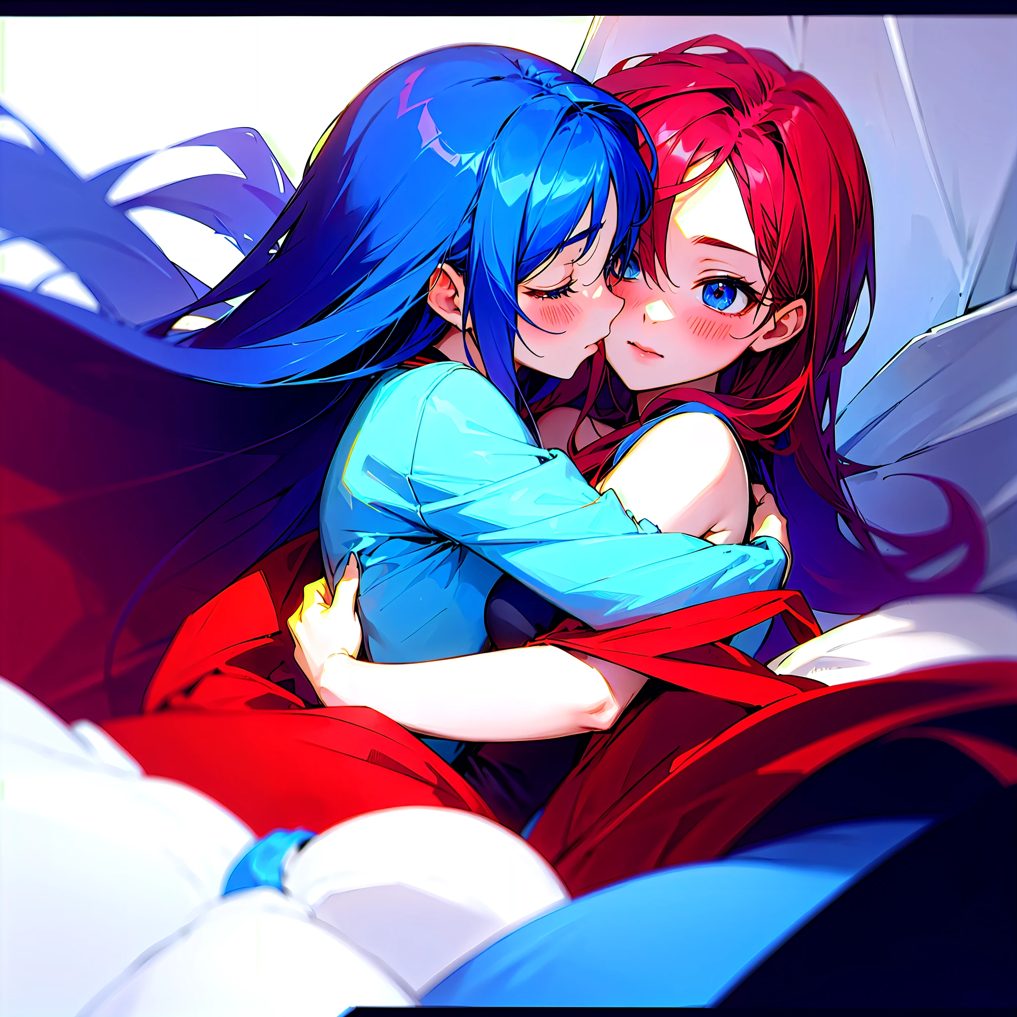 [Anime 1.5], [Yuri 1.5], [Kissing 1.5], Anime girls kissing, crimson hair and blue hair, yuri girls,  hugging