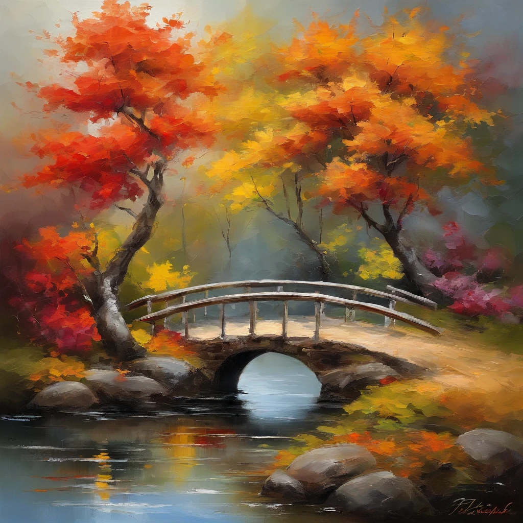 autumnal,Beautiful landscaped gardens,tranquil ambiance,Secluded trails and bridges,Brightly colored trees and leaves,Reflected in still water,Old pavilions,pagoda,Gorgeous architectural details,quiet and serene atmosphere,Fallen leaves covered the ground,Delicate sunlight shines through the trees,a serene pond,Koi fish swim,Cleverly arranged rocks and bonsai trees,Careful raking of gravel and sand,The air is filled with the smell of traditional Chinese music,A harmonious balance of natural and man-made elements.