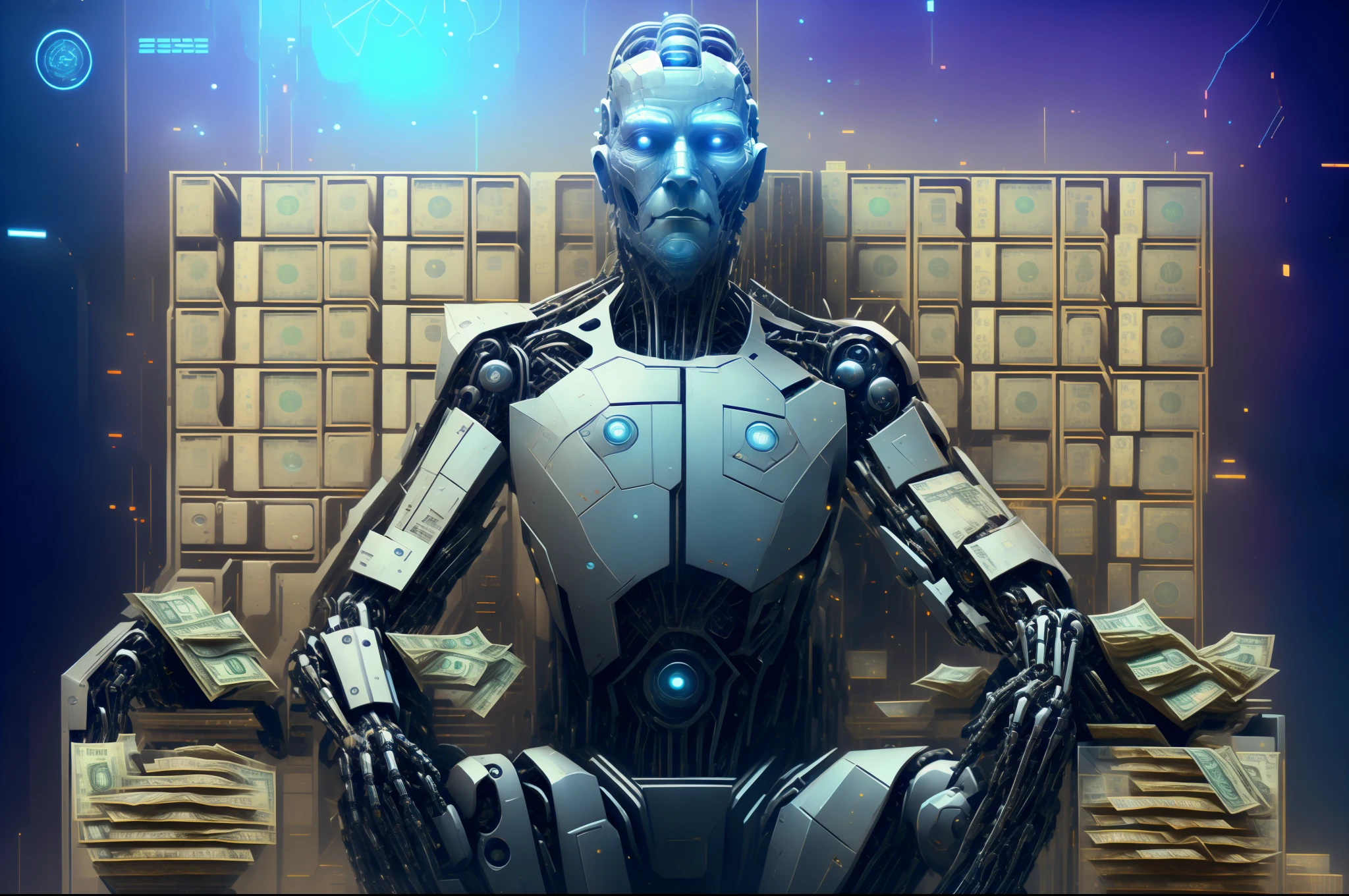 a close up of a robot sitting on a chair with stacks of money, the encrypted metaverse, strong artificial intelligence, close-up of a robot sitting down, .ai, satoshi, borg, artificial intelligence machine, crypto, illustrative, black scales and cyborg tech, cyborg in the data center, the borg