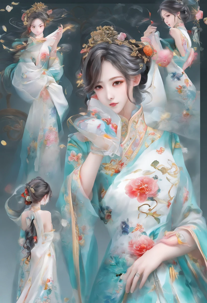 (From the outside) , many color,Best quality at best,8K,real photograph,Delicate skin details,tmasterpiece,photograph of-realistic,Complicated details,RAW photogr,on the garden,ssmile,florals,Gorgeous cheongsam,Extra-long hair,cropped shoulders,delicated face,Expose cleavage,decorations,Perfect Finger,Dissection is correct,shiny skins