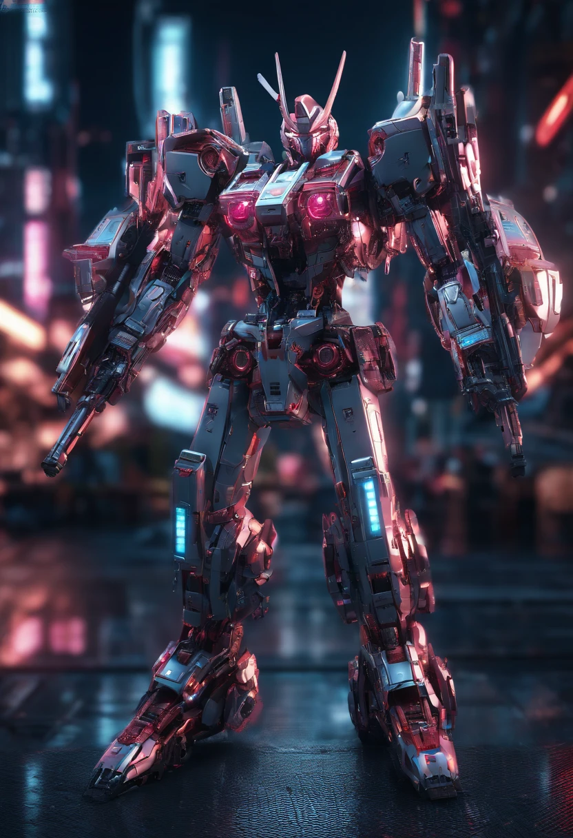 Gundam Mech , Feminine body line,Light equipment,Delicate structure,Science fiction, Front view,Combat stance,Coming to the viewer,Fighting figure, Sense of technology, C4D, OC Renderer, Unreal Engine, high detailing, industrial design, 8K HD, studio lights,Futuristic city night view background(Best Quality,4K,High resolution), color:Cherry color,Metallic body,Pupillary luminescence,Cat-motif design,Feminine body line,Feminine Body Design Parts,