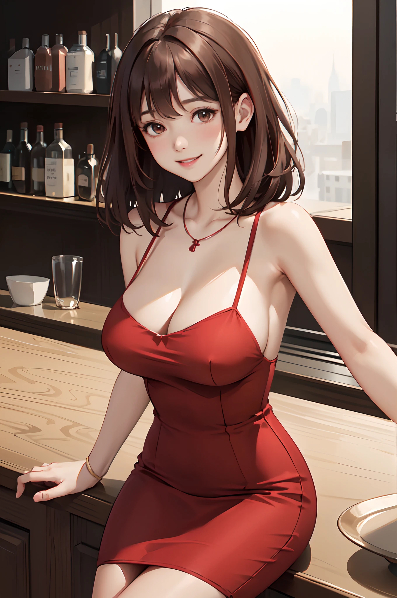 1lady solo, mature female, /(pencil dress/) /(red dress/) necklace, /(brown hair/) bangs, blush kind smile, (masterpiece best quality:1.2) delicate illustration ultra-detailed, large breast, arms down, /(bar counter night/)