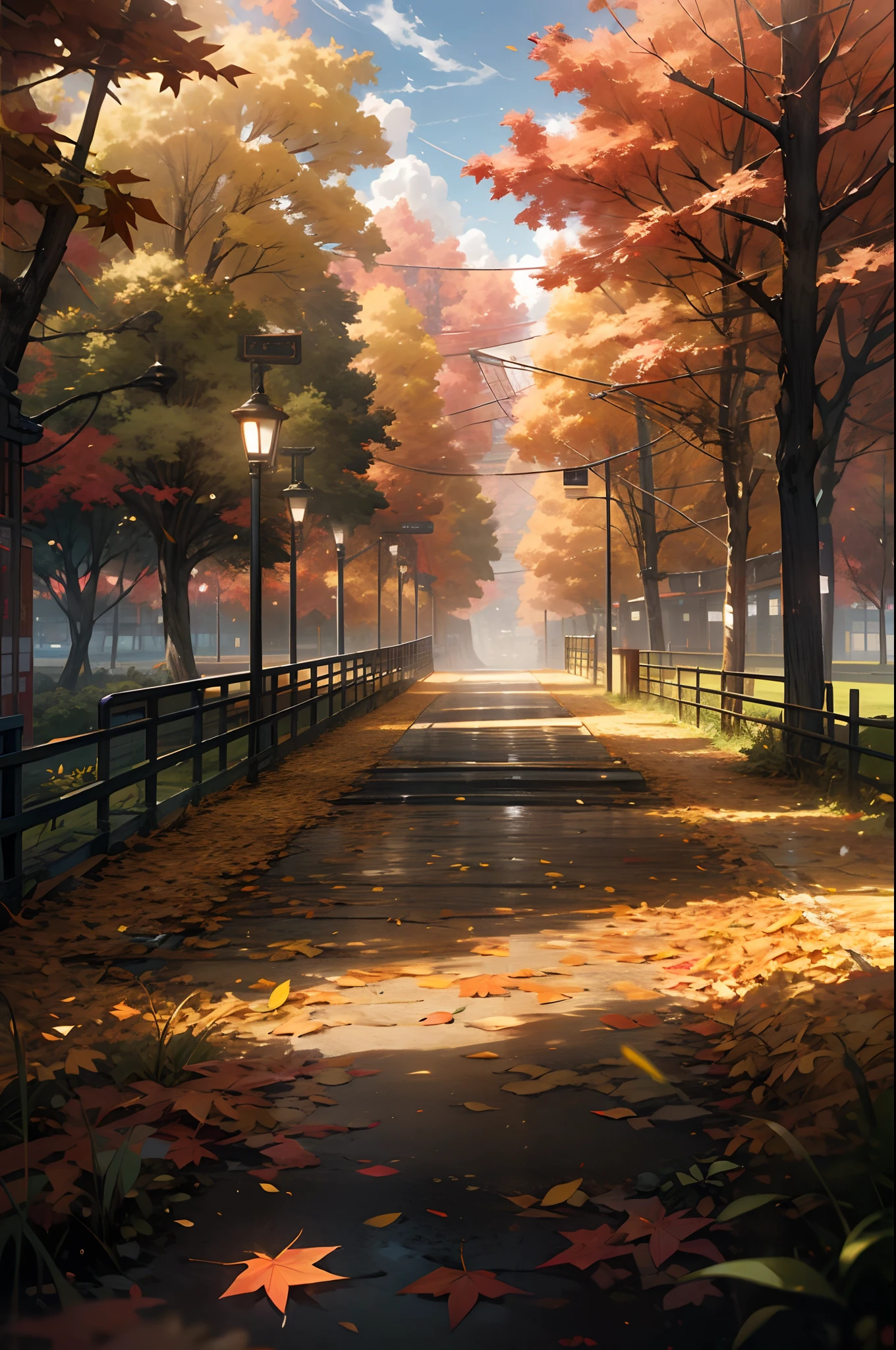 China-style,Ultra-wide angle of view,Beautiful view of autumn,school ground,Wagas,Cloud fog,fall foliage,Fallen leaves all over the ground,Tyndall rays,oc rendered,high qulity,8K,super-fine,Hyper-realistic,Ultra photo realsisim,35mm camera lens,ultra - detailed