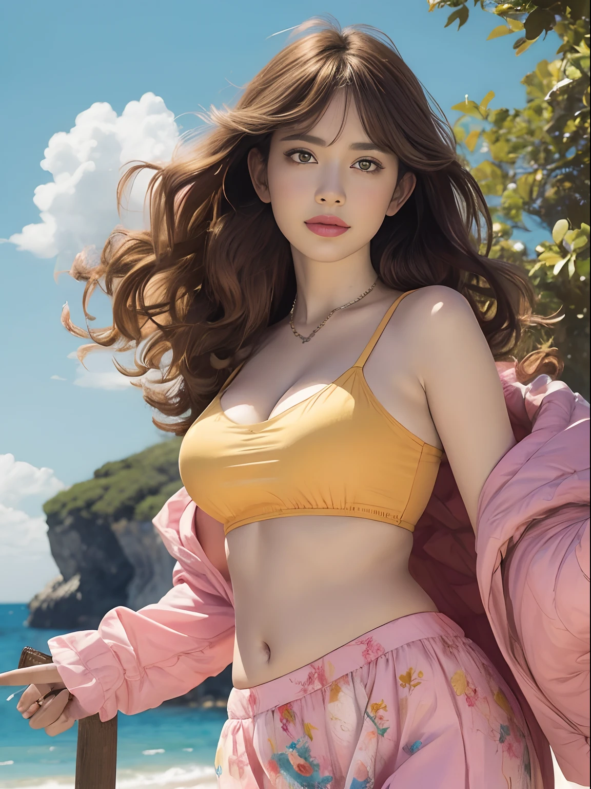 Graphic illustration, vector illustration, ((oil painting, oil brush stroke)), drawing a portrait of a maiden, lens eyes)), pink clouds in the turquoise sky. Girly brown curly hair, yellow skirt, warm color scheme, thick lips, big pale green eyes, gentle smile, huge breasts, thin waist, navel, crotch gap, thighs, voluptuous, sexy, up to 4 fingers and 1 thumb relationship, seven head length balanced figure, oil brush stroke, delicate hair, wind blowing, tousled hair, sweet color, illustration painting style, fairy portrait, fantasy portrait,