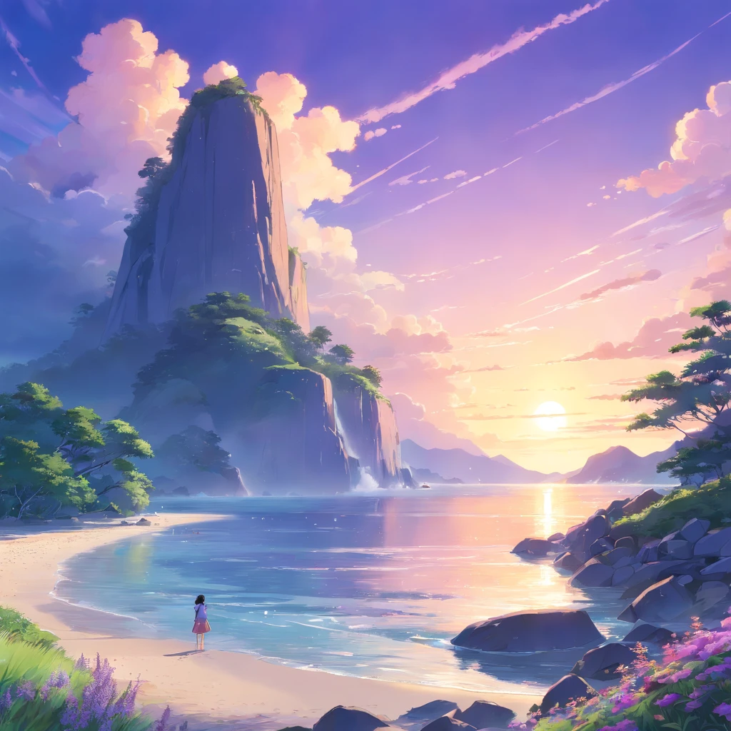 masterpiece, best quality, bird, flower, cloud, sky, scenery, day, leaf, outdoors, no humans, blue sky, No people, scenery, landscape, nature, rock, trees, fog, rock lake, blue sky, grass, flowers, open view, lively, beautiful, Waterfalls, streams, lakes, forests, landscapes, beautiful purple sunset at beach