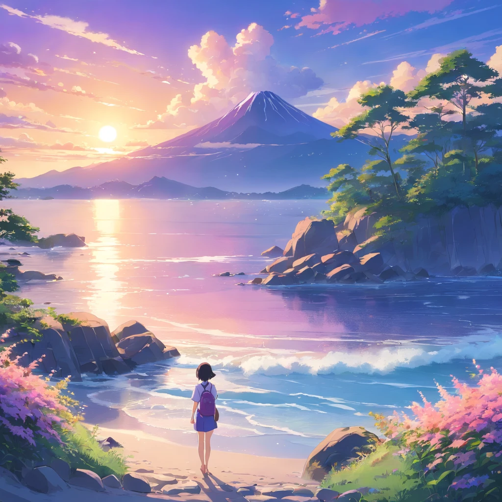 masterpiece, best quality, bird, flower, cloud, sky, scenery, day, leaf, outdoors, no humans, blue sky, No people, scenery, landscape, nature, rock, trees, fog, rock lake, blue sky, grass, flowers, open view, lively, beautiful, Waterfalls, streams, lakes, forests, landscapes, beautiful purple sunset at beach