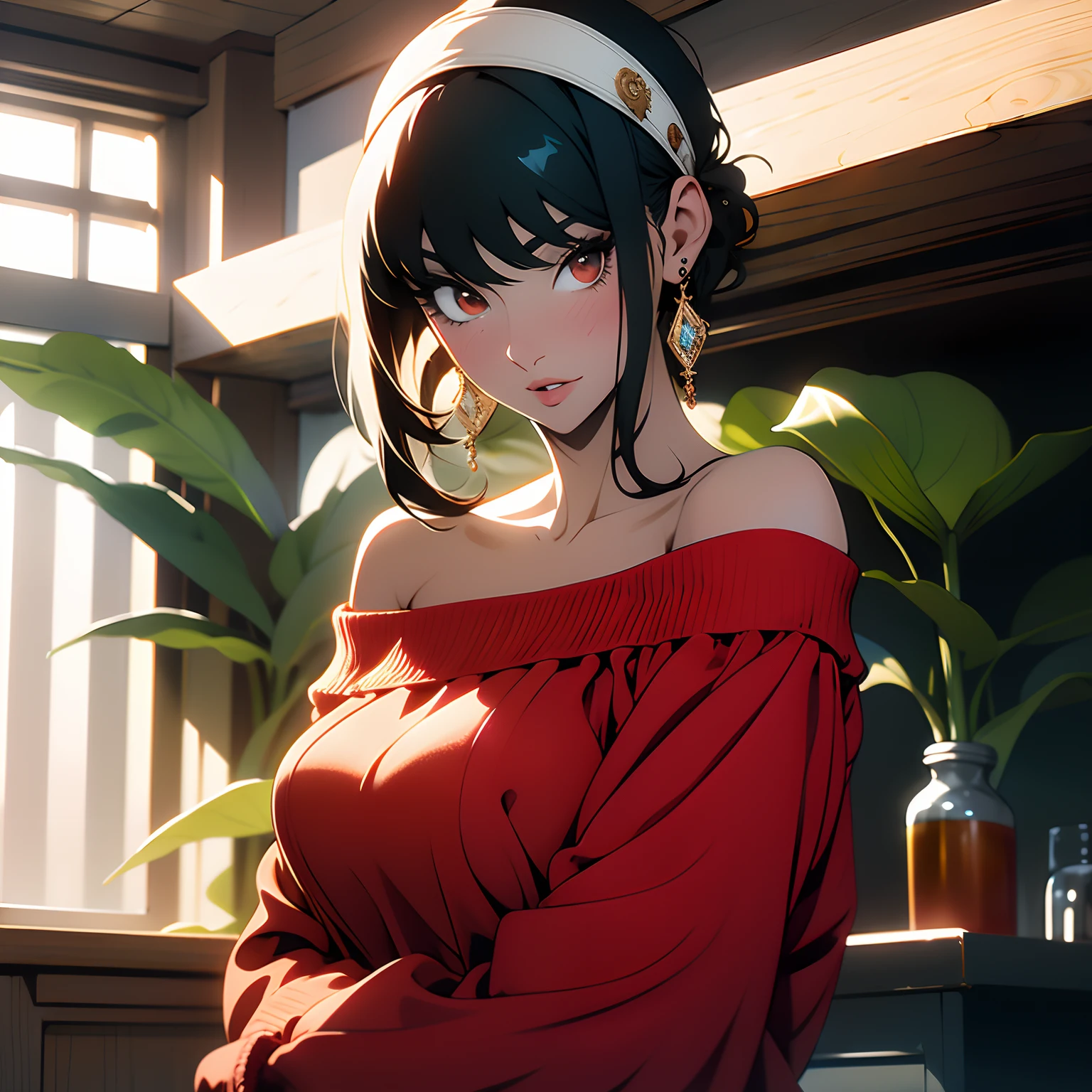 (masterpiece, best quality) yor, 1girl, solo, cowboy shot, beautiful, blushing, extremely sexy, sensuality, looking at viewer, black hair, red eyes, dress, bare shoulders, jewelry, collarbone, sidelocks, hairband, earrings, indoors, off shoulder, :o, sweater, arms behind back, plant, short hair with long locks, white hairband, off-shoulder dress, sweater dress, off-shoulder sweater, red sweater, big side hair, very long side hair, big breasts