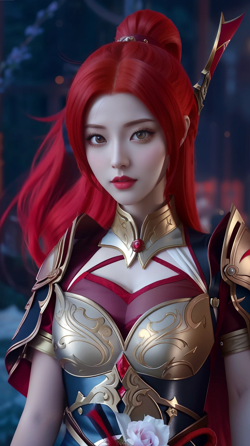 Close up of a woman with red hair and red wig, samira from league of legends, from league of legends, zhongli from genshin impact, katarina from league of legends, bian lian, Keqing from Genshin Impact, Irelia from League of Legends, Katarina, red haired goddess, Portrait Chevaliers du Zodiaque Fille, Irelia