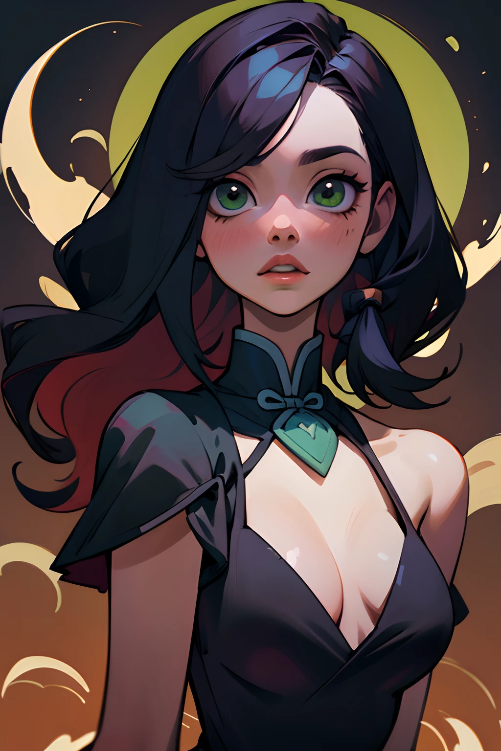 obra-prima, melhor qualidade, highres, 1girl, solo, cabelo preto, faixa de cabelo, cinto, cabelo curto, vestido, olhos azuis, coque de cabelo, faixa de cabelo verde, cega, roupas chinesas sexy, coque de cabelo, vestido verde, decote, mangas curtas, ombros despidos pelvis curtain, parque, corrida, peito pontudo, decote, NSFW
super decote