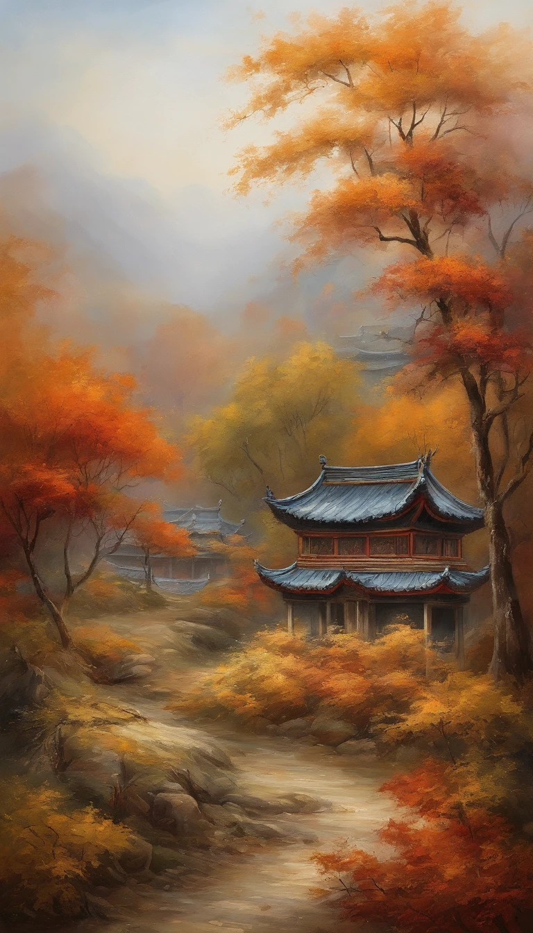 China-style，Ultra-wide angle of view，Beautiful view of autumn，school ground，Wagas，Cloud fog，fall foliage，Fallen leaves all over the ground，oc rendered，high qulity，8K，super-fine，Hyper-realistic，Ultra photo realsisim，35mm camera lens，ultra - detailed