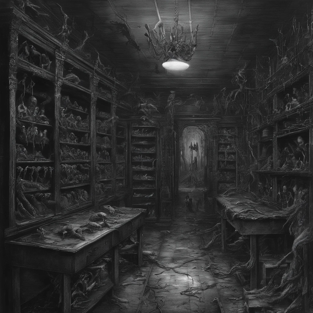 (((Inside the Bloody Parts Store))),(crowed:1.2),[Bloody tools], [Terrible surgical instruments], [Eerily dim lighting], [Disturbing mural], [Horror movie props], [Creepy shadows], [Glass Kan], [Creepy costumes], [Distorted mirror], [Bloody floor], [Psychiatric scientist], [sinister expressions], [Grinding chains], [Bloodstained price tag], [creepy atmosphera]