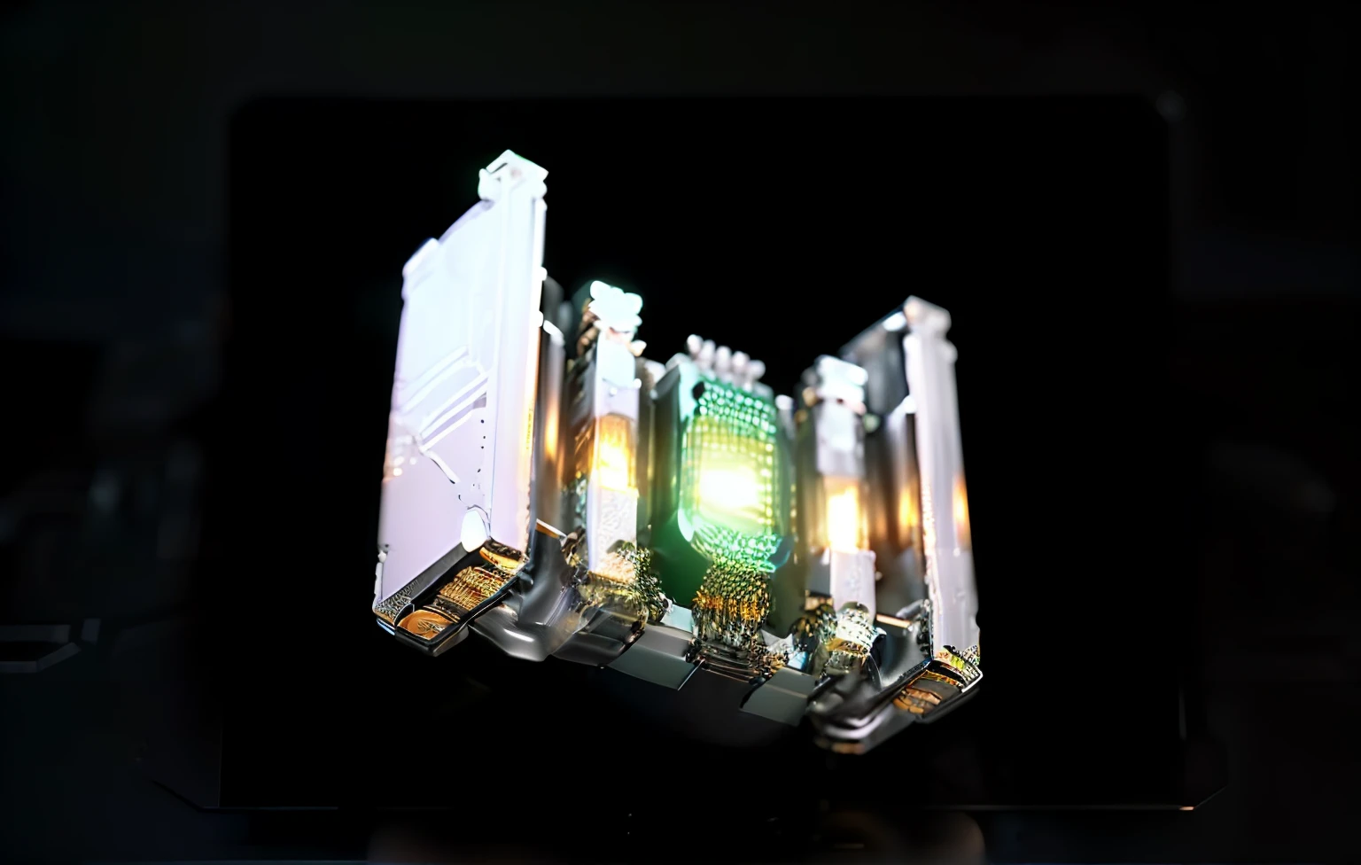 (Best quality,high resolution,Masterpiece:1.2),Ultra-detailed,Sharp focus,Physically-based rendering,professional,Vivid colors,Bokeh,Close-up of a green smartphone emitting a bright green light from the center,Product rendering,3D product render,Bright and vibrant green laser manufacturing,Green steampunk laser with dramatic lighting effects,Beautiful volumetric lamp,massive battery,Polished lenses,Lasers for illumination,product design render,Luminescent laser,Laser battery,green matrix light.