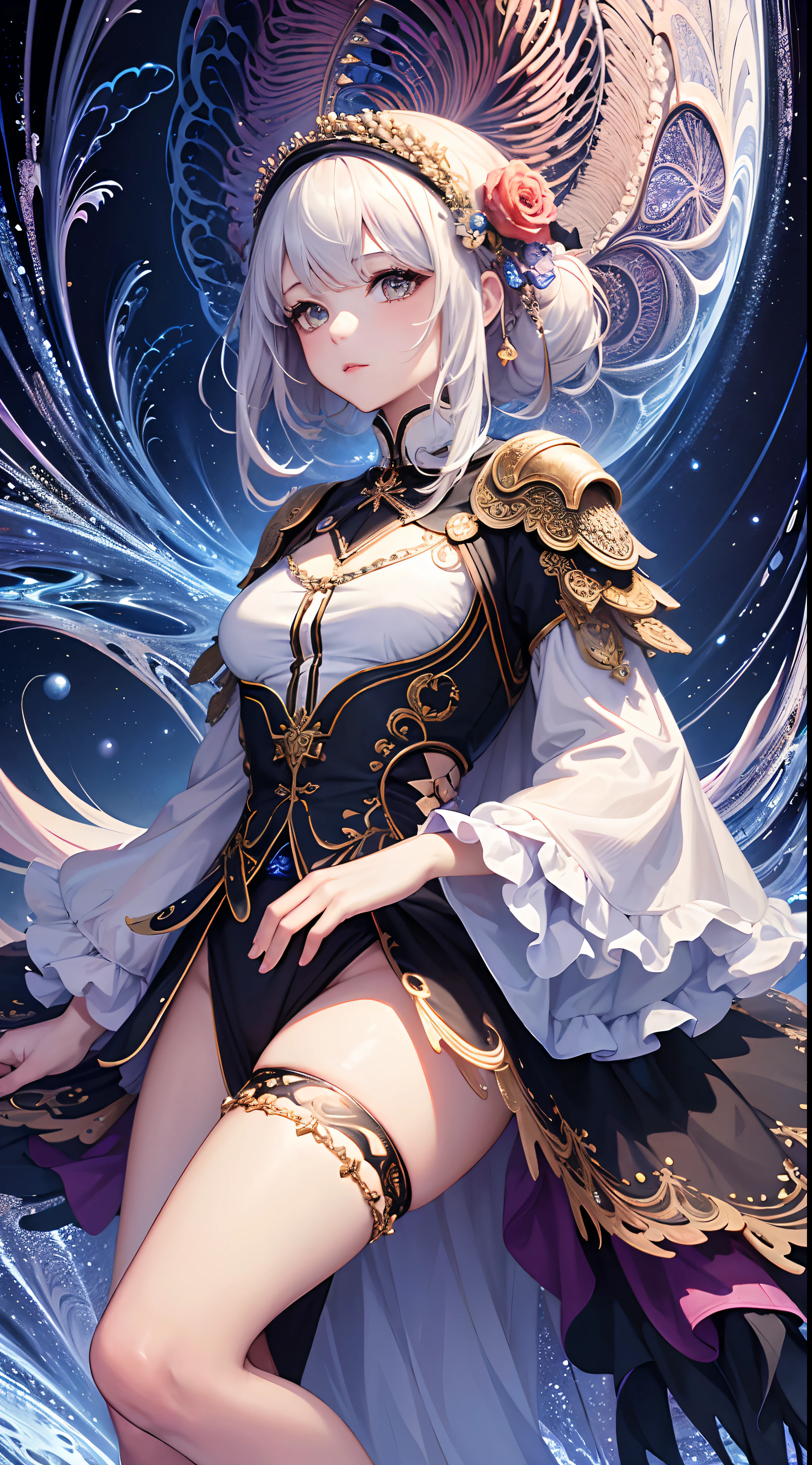 (best quality,4K,8K,high resolution,masterpiece:1.2),Extremely detailed,milf,,magic,enchanting,joy,Divine goddess,magical effect,Silver hair,Blue eyes,Transparent dress,Exquisite decoration,Features of the magical costumes of the heavens，A small amount of sky blue cloth,Exquisite clothing,Layered Skirt,detailed lace,Delicate ruffles,bedroom,Alone,at night,Lace pantyhose,Sacred stripes,Transparent clothing,Jewelry embellishments