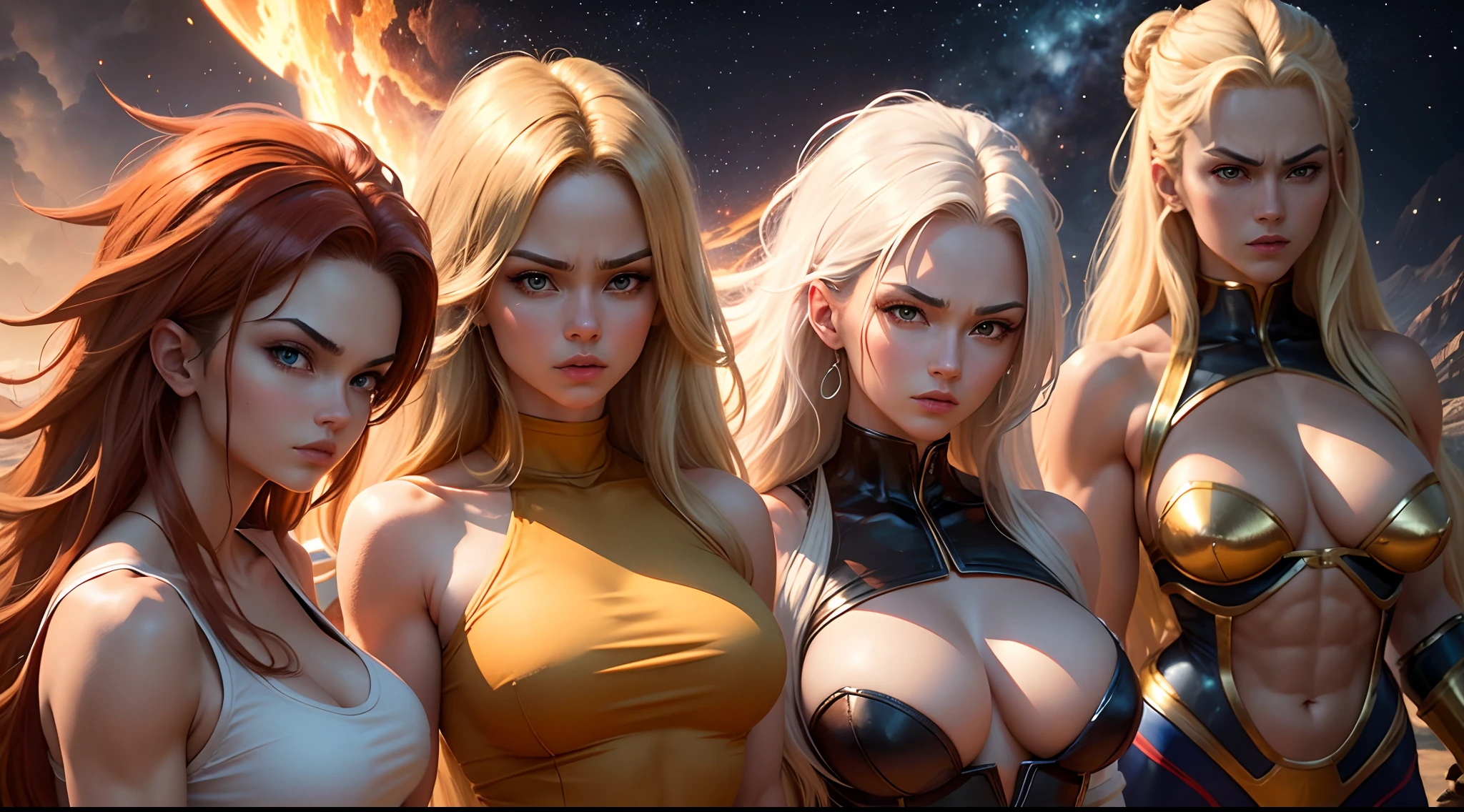 Masterpiece, Best quality, Masterpiece, Godlike quality, Godlike art, Highly detailed face, full bodyesbian, Highly realistic, Strong muscles, Dragon Ball,saiyan, Vegeta,Angry eyes, ,Extra-long blonde hair, orange eyes, Shiny skin, Shiny skin, Anger on the face, Magnificent view, In space, Starry background, combats, Shining light, Colorful light, battle garment