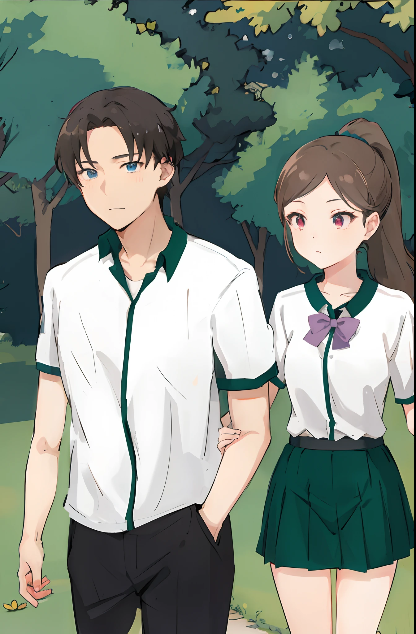 anime image of a man and a woman walking in a park, in anime style, in an anime style, inspired by Hisui Sugiura, wearing school uniform, official fanart, shoujo romance, visual novel cg, wearing a school uniform, high quality fanart, ; visual novel, boy and girl, shinkai makoto, cel - shaded art style, jk uniform, the guy has blue eyes, the girl has red eyes, the girl with a ponytail