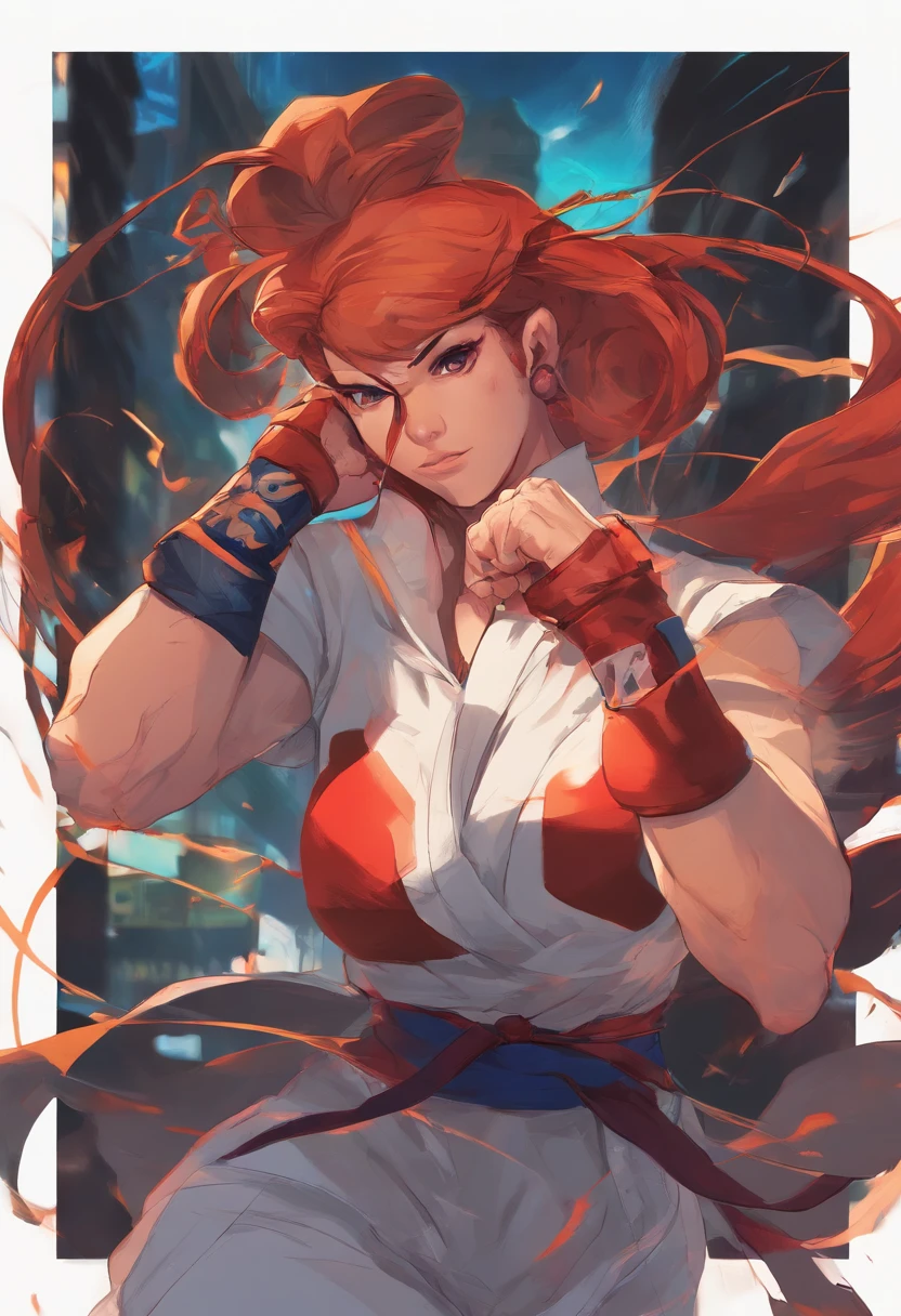l muchacha, Pelo corto de color naranja, ojos rojos, Sonrisa confiada, Camiseta roja con lunares blancos, pantalones cortos azules, Guantes negros sin dedos, fondo azul