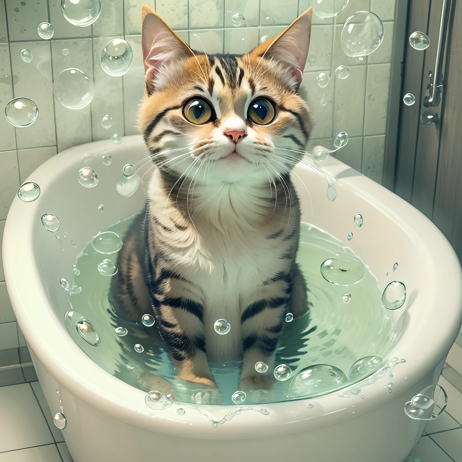 Cute round eyed cat in the bathroom, Sit in a bathtub with water, There are quite a few bubbles in the air.