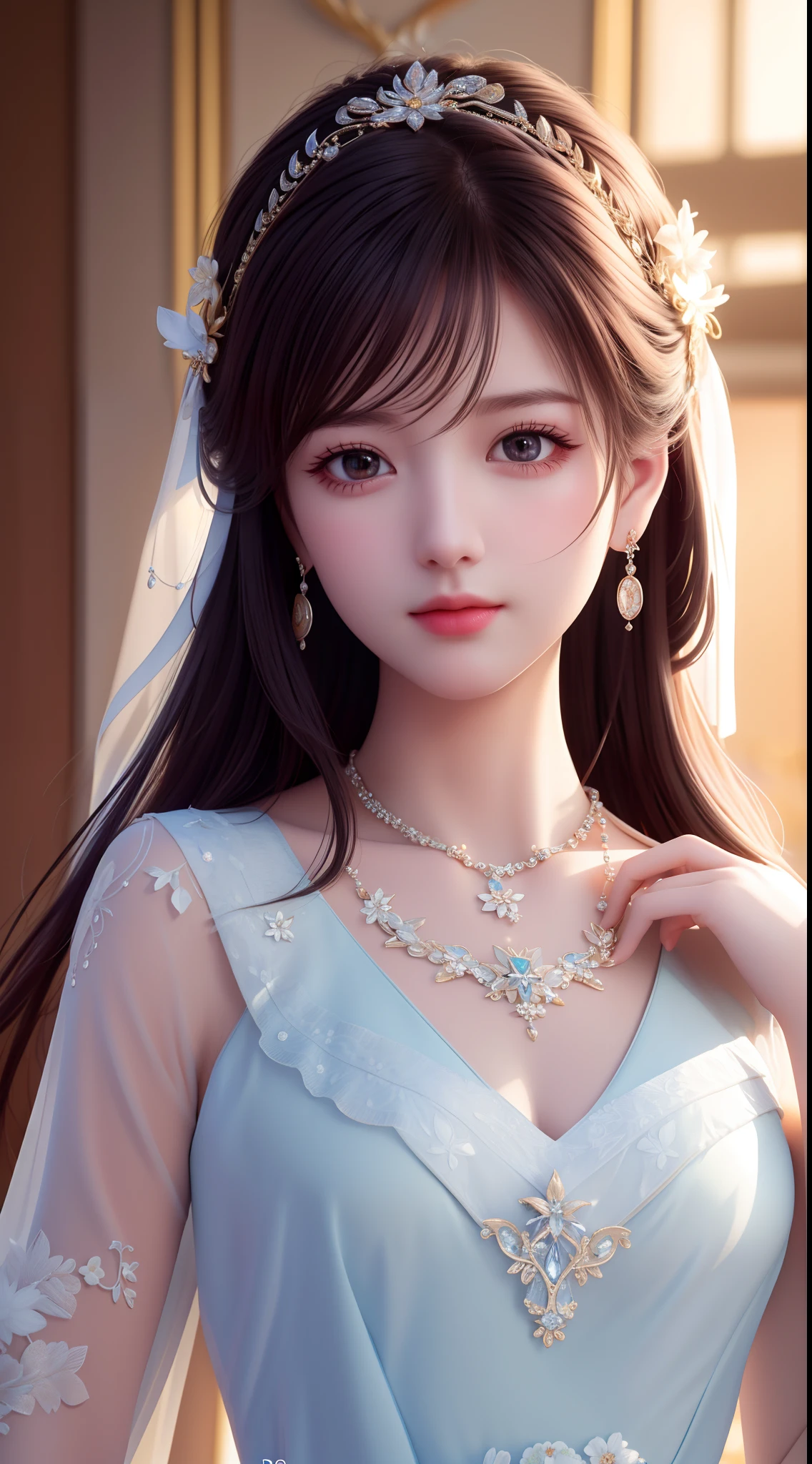 Best quality, masterpiece, high resolution, 1girl, clear silk porcelain dress, beautiful face, hair accessories, looking at the audience, smiling, close your mouth, lips, dress, hair accessories, necklaces, jewelry, long hair, earrings, beautiful face, on the body, Tindal effect, realism, dark studio, edge lighting, two-tone lighting, (high detail skin: 1.2), 8k UHD, DSLR, soft light, high quality, volumetric lighting, photo, high resolution 4K, 8k, blurred background