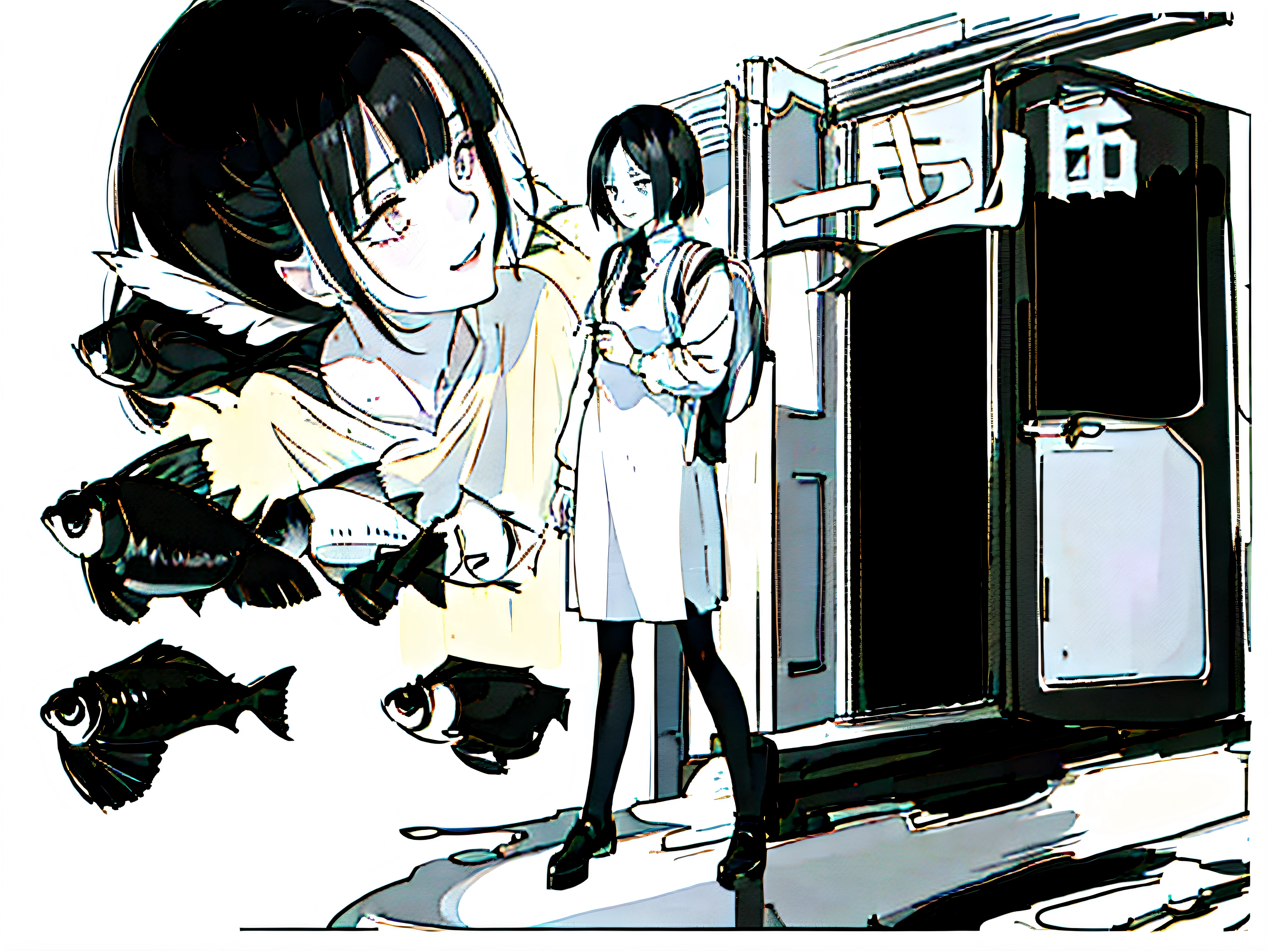 Anime girl with long black hair and white shirt,((black and white portrait)),Black and white picture,Smile,Minimalist painting,Simple touches,messy hair,Messy bangs,Shy,Pure white shirt,heavy makeup,full head shot,Apply lipstick to your mouth,Side body