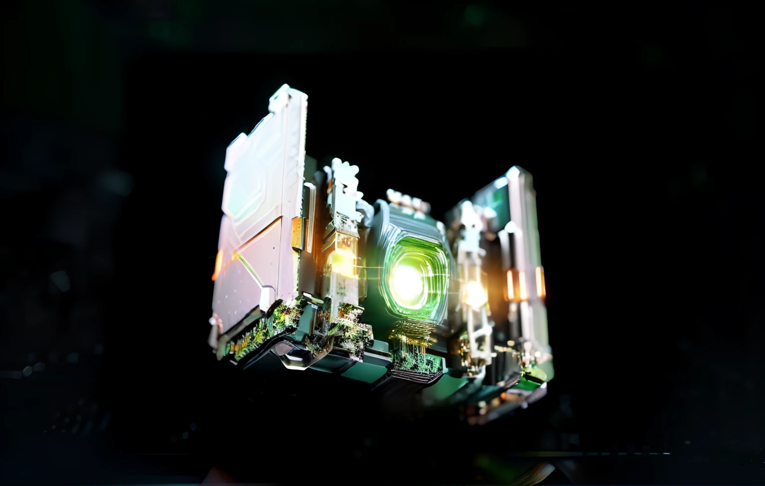 (best quality,4k,highres,ultra-detailed,masterpiece:1.2),green laser,green laser battery,green matrix lights,shining laser beams,glowing green lights,sci-fi,neon,high-tech lighting,reflective surfaces,metallic materials,artistic rendering,emitting intense light,sleek design,saturated colors,ambient glow,realistic,sharp focus,professional,immersive,high-energy