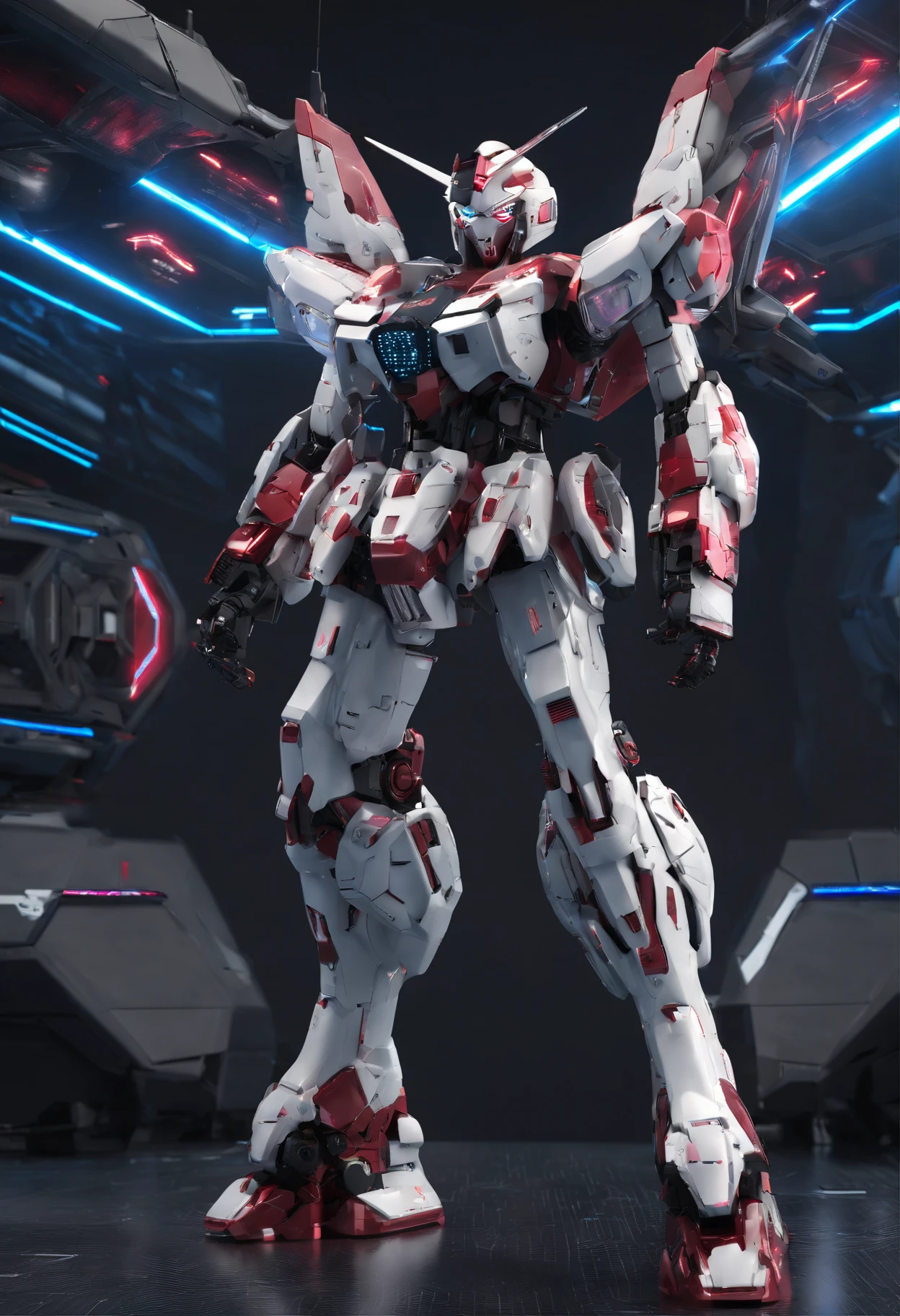 Gundam Mech , Feminine body line，Light equipment，Delicate structure，Science fiction, Front view，Combat stance,Coming to the viewer，Fighting figure， Sense of technology, C4D, OC Renderer, Unreal Engine, high detailing, industrial design, 8K HD, studio lights,Futuristic city night view background(Best Quality,4K,High resolution), color:Cherry color，Metallic body，Pupillary luminescence，Cat-motif design，Feminine body line，Feminine Body Design Parts，