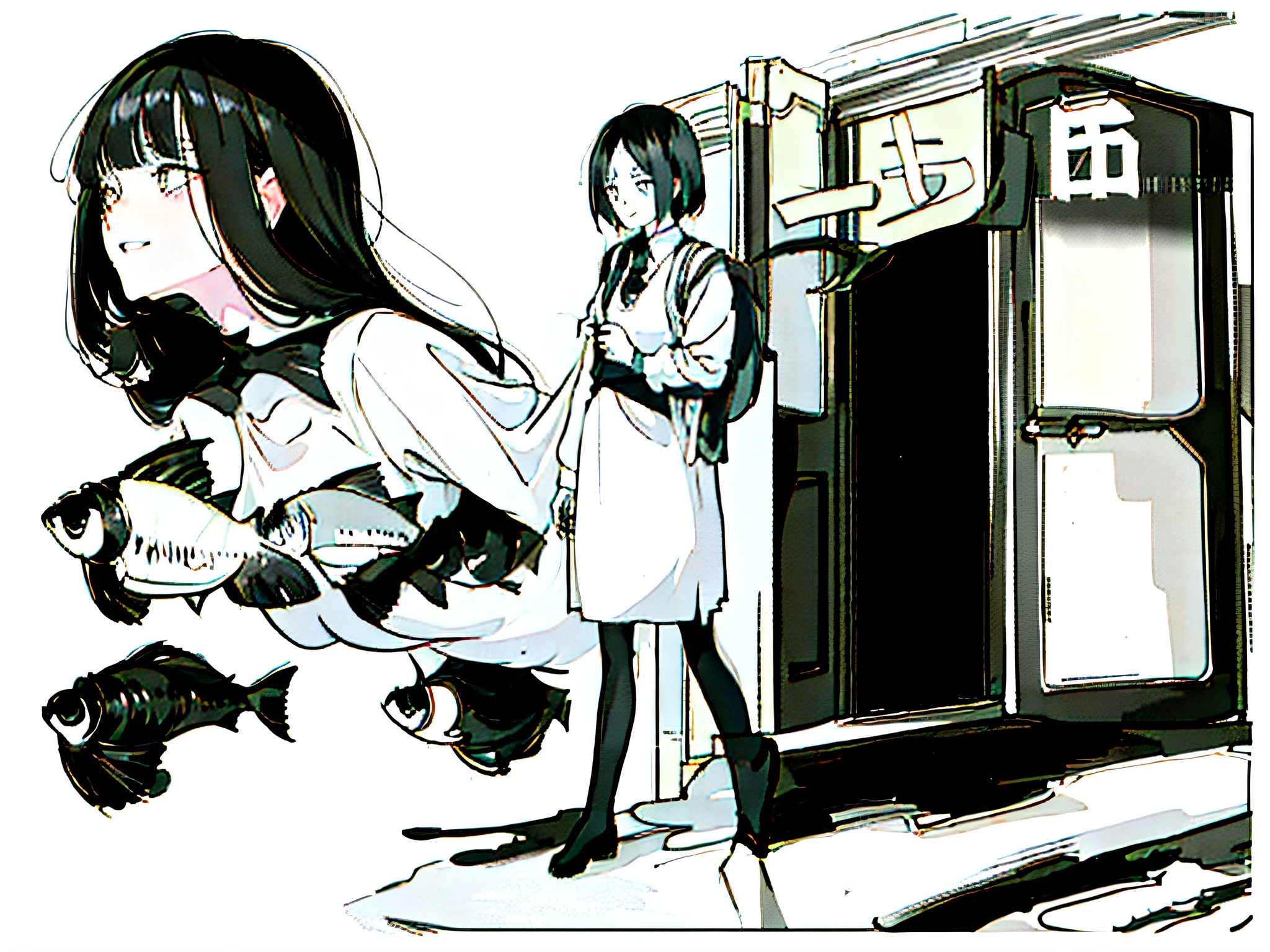 Anime girl with long black hair and white shirt,((black and white portrait)),Black and white picture,Smile,Minimalist painting,Simple touches,messy hair,Messy bangs,Shy,Pure white shirt,heavy makeup,full head shot,Apply lipstick to your mouth,Side body