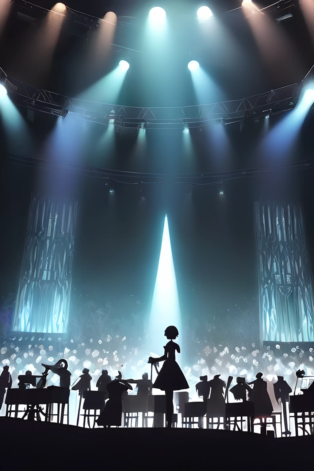 (a very delicate and beautiful)、a very delicate and beautiful、(silhuette)、singers、short-cut、Stage Background、Black figure、dark backgrounds、skinny body、scary atmosphere、