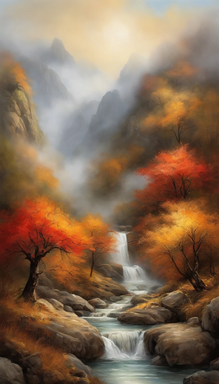 China-style,Ultra-wide angle of view,Beautiful view of autumn,mountain spring,waterfallr,Cloud fog,fall foliage,Fallen leaves all over the ground,oc rendered,high qulity,8K,super-fine,Hyper-realistic,Ultra photo realsisim,35mm camera lens,ultra - detailed