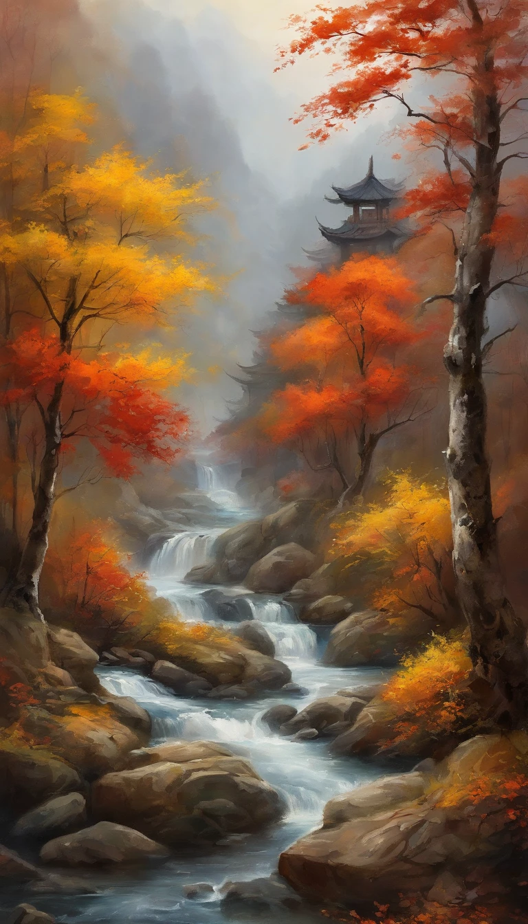 China-style,Ultra-wide angle of view,Beautiful view of autumn,mountain spring,waterfallr,Cloud fog,fall foliage,Fallen leaves all over the ground,oc rendered,high qulity,8K,super-fine,Hyper-realistic,Ultra photo realsisim,35mm camera lens,ultra - detailed