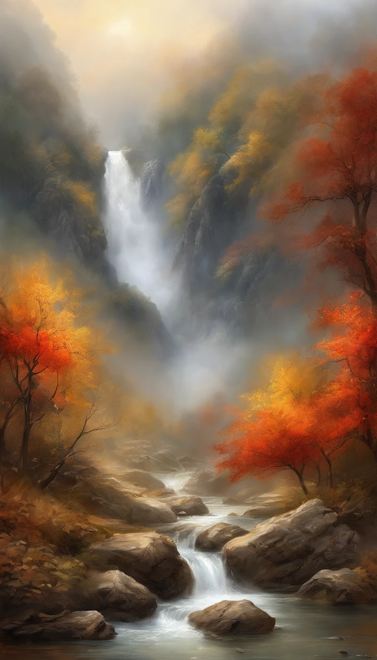 China-style,Ultra-wide angle of view,Beautiful view of autumn,mountain spring,waterfallr,Cloud fog,fall foliage,Fallen leaves all over the ground,oc rendered,high qulity,8K,super-fine,Hyper-realistic,Ultra photo realsisim,35mm camera lens,ultra - detailed
