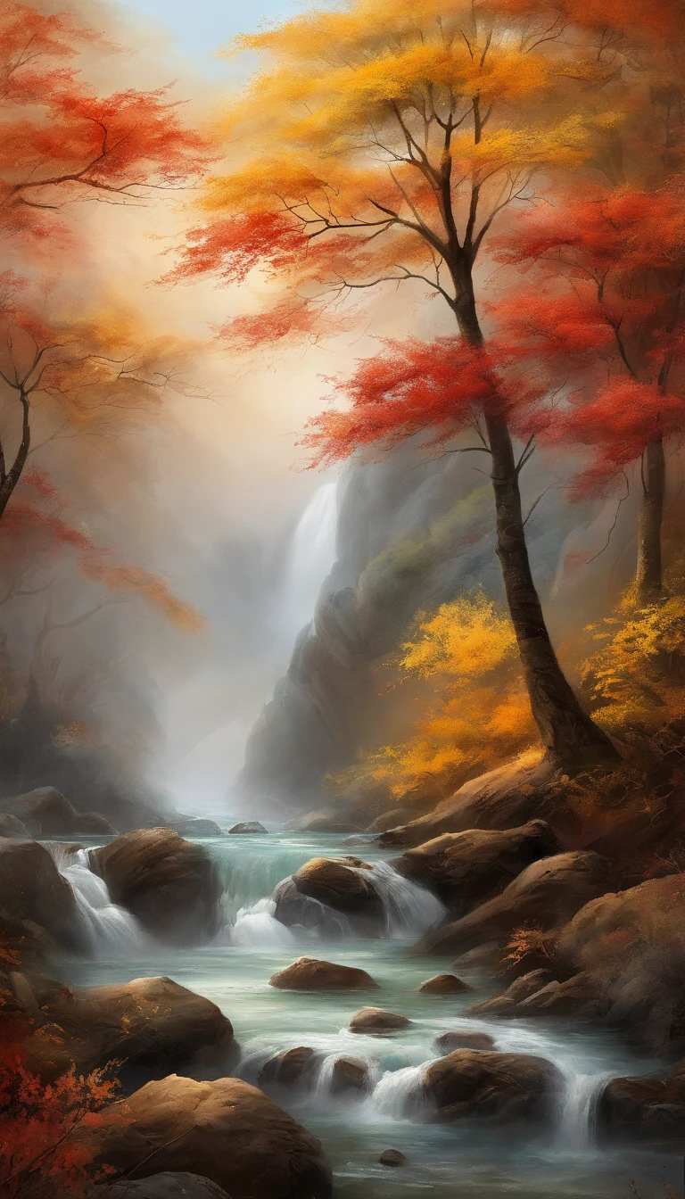 China-style,Ultra-wide angle of view,Beautiful view of autumn,mountain spring,waterfallr,Cloud fog,fall foliage,Fallen leaves all over the ground,oc rendered,high qulity,8K,super-fine,Hyper-realistic,Ultra photo realsisim,35mm camera lens,ultra - detailed