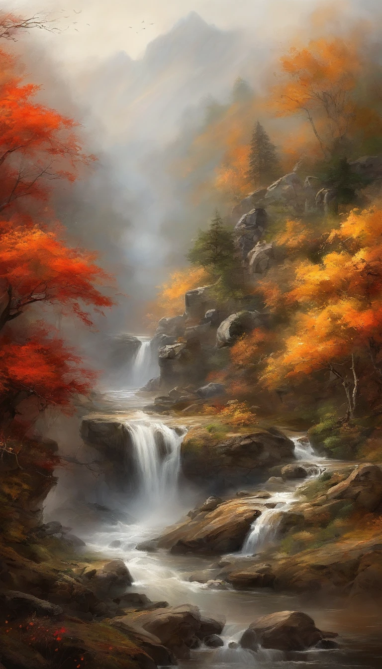 China-style,Ultra-wide angle of view,Beautiful view of autumn,mountain spring,waterfallr,Cloud fog,fall foliage,Fallen leaves all over the ground,oc rendered,high qulity,8K,super-fine,Hyper-realistic,Ultra photo realsisim,35mm camera lens,ultra - detailed