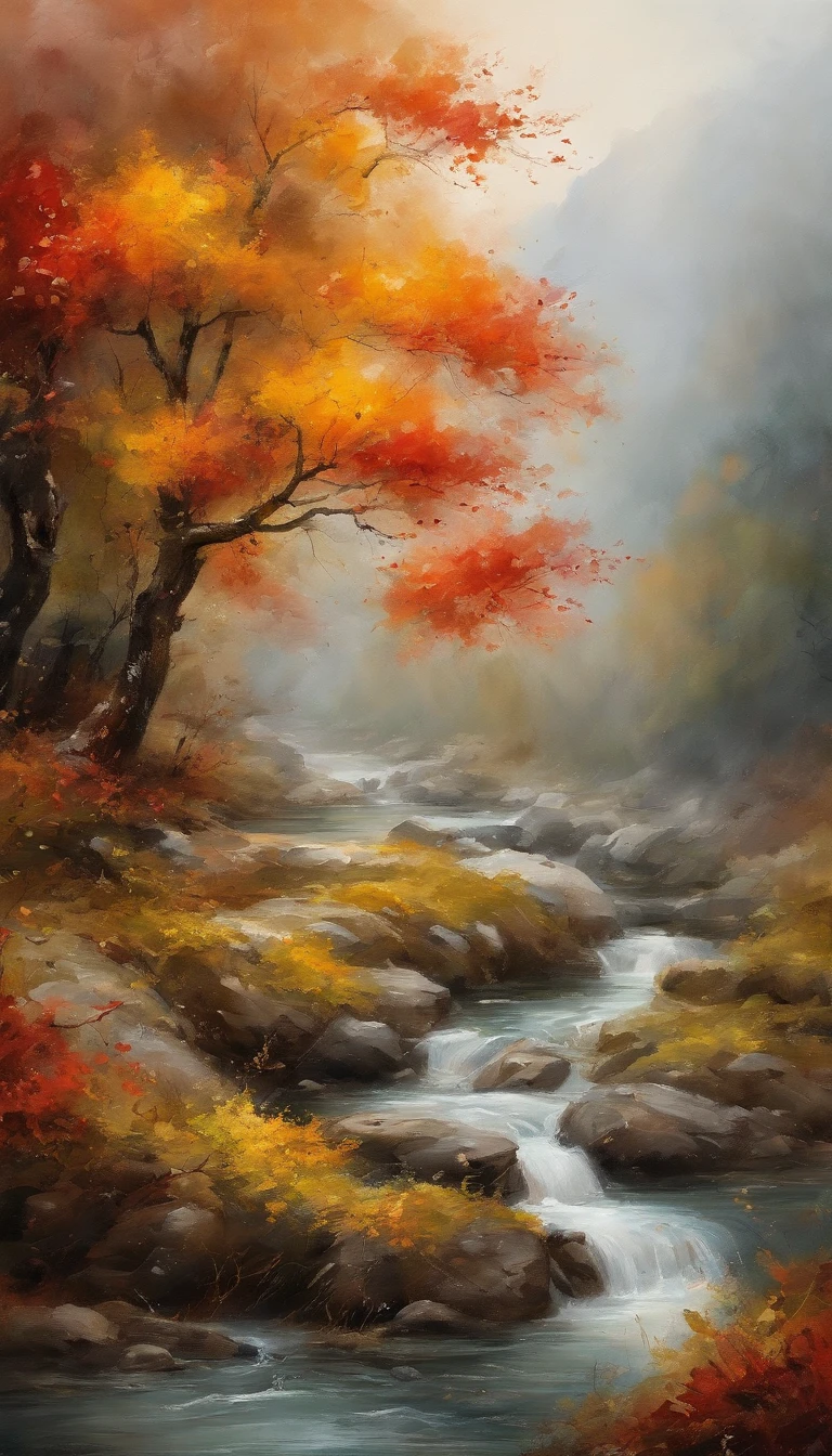 China-style,Ultra-wide angle of view,Beautiful view of autumn,mountain spring,waterfallr,Cloud fog,fall foliage,Fallen leaves all over the ground,oc rendered,high qulity,8K,super-fine,Hyper-realistic,Ultra photo realsisim,35mm camera lens,ultra - detailed